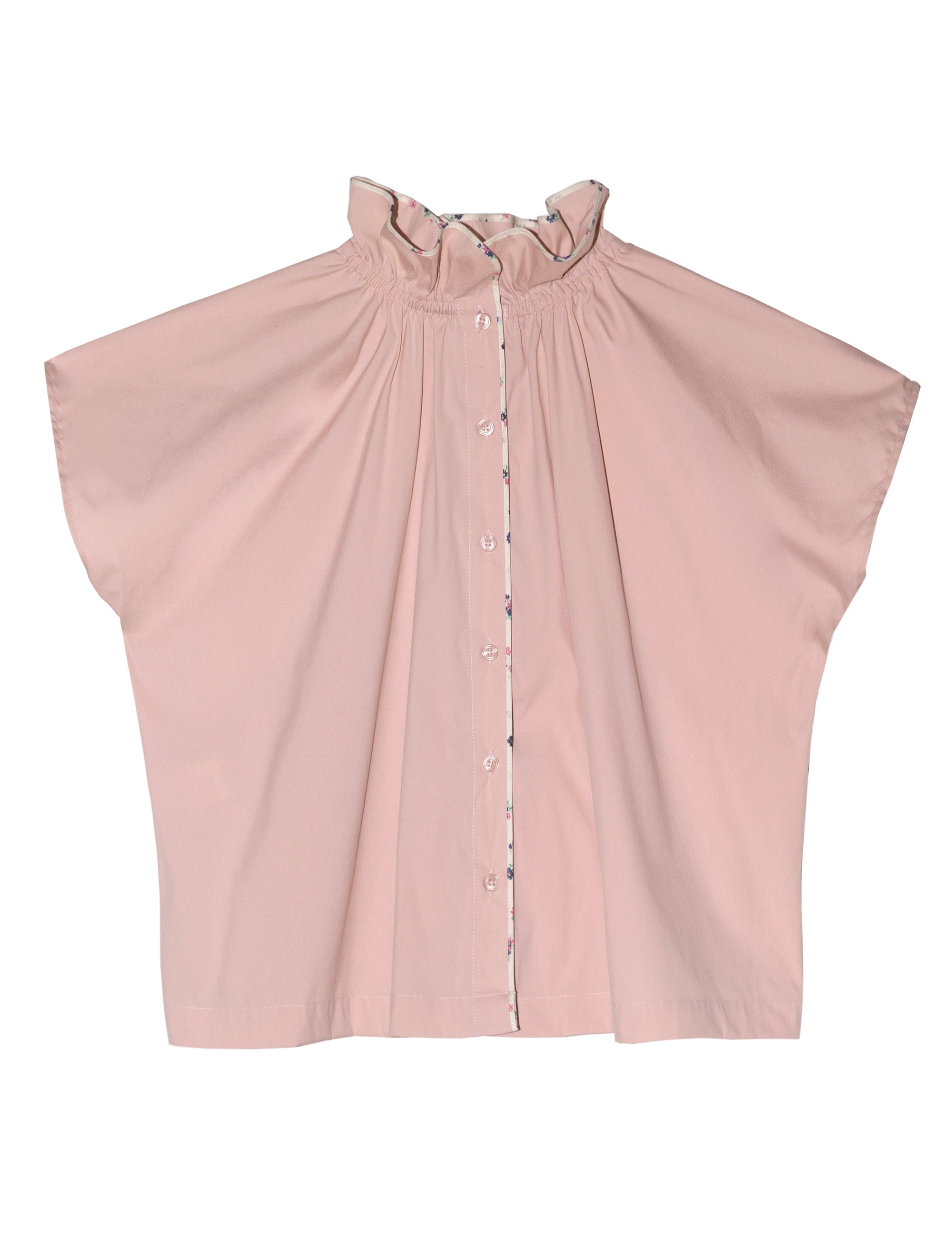 Pink blouse with short sleeves and frilled collar