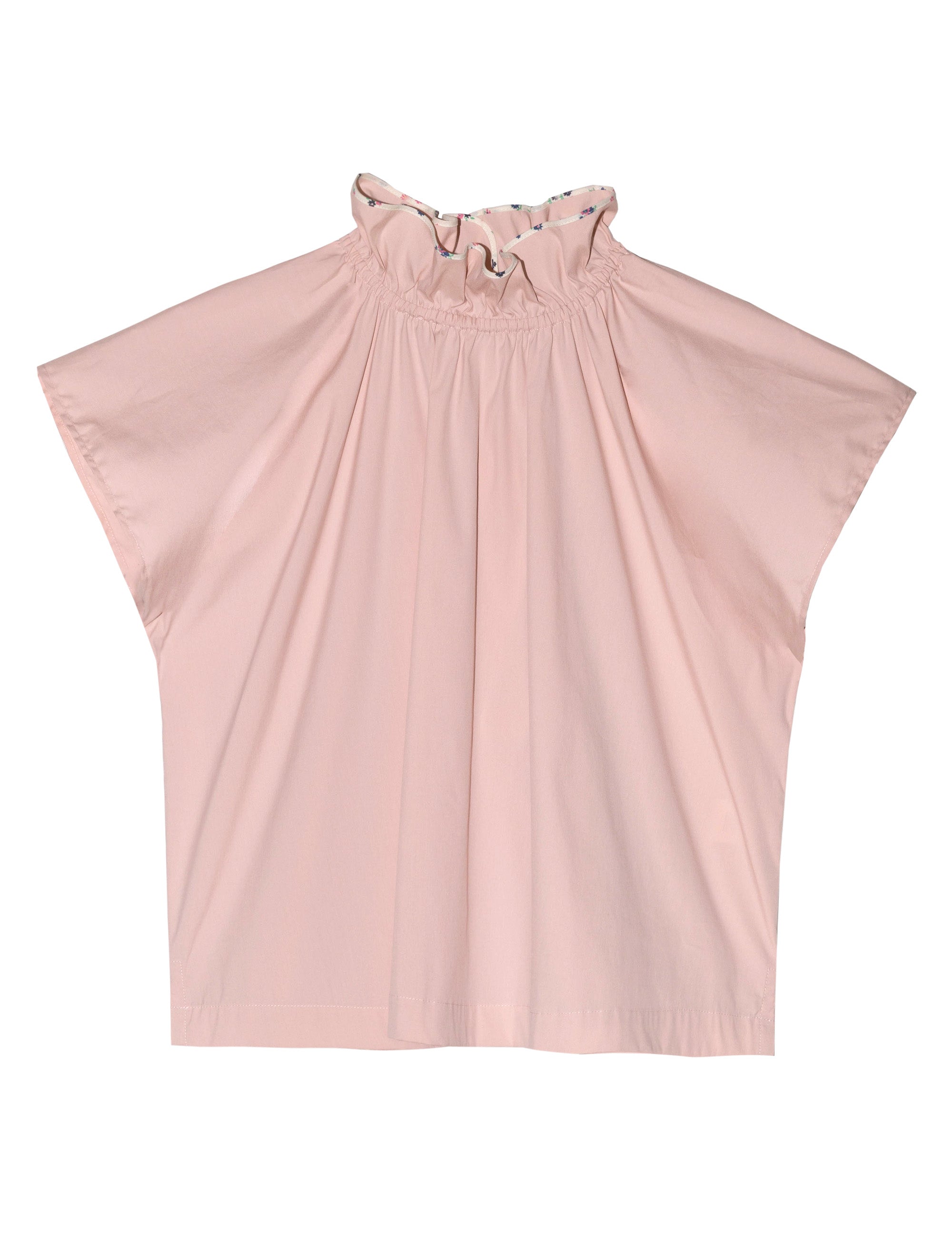 Pink blouse with short sleeves and frilled collar