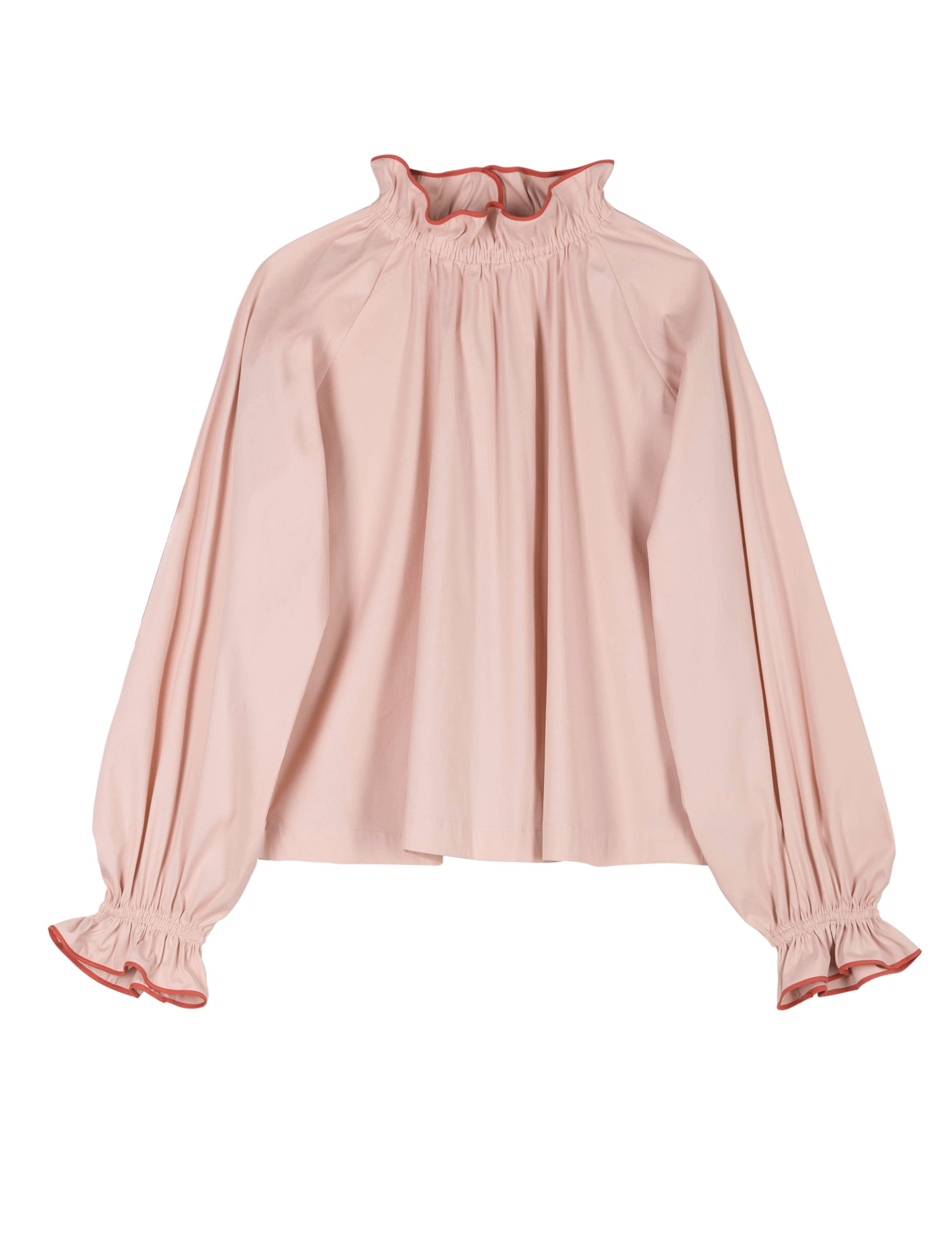 Pink long sleeved shirt with ruffled collar and cuffs, buttons and red pipings