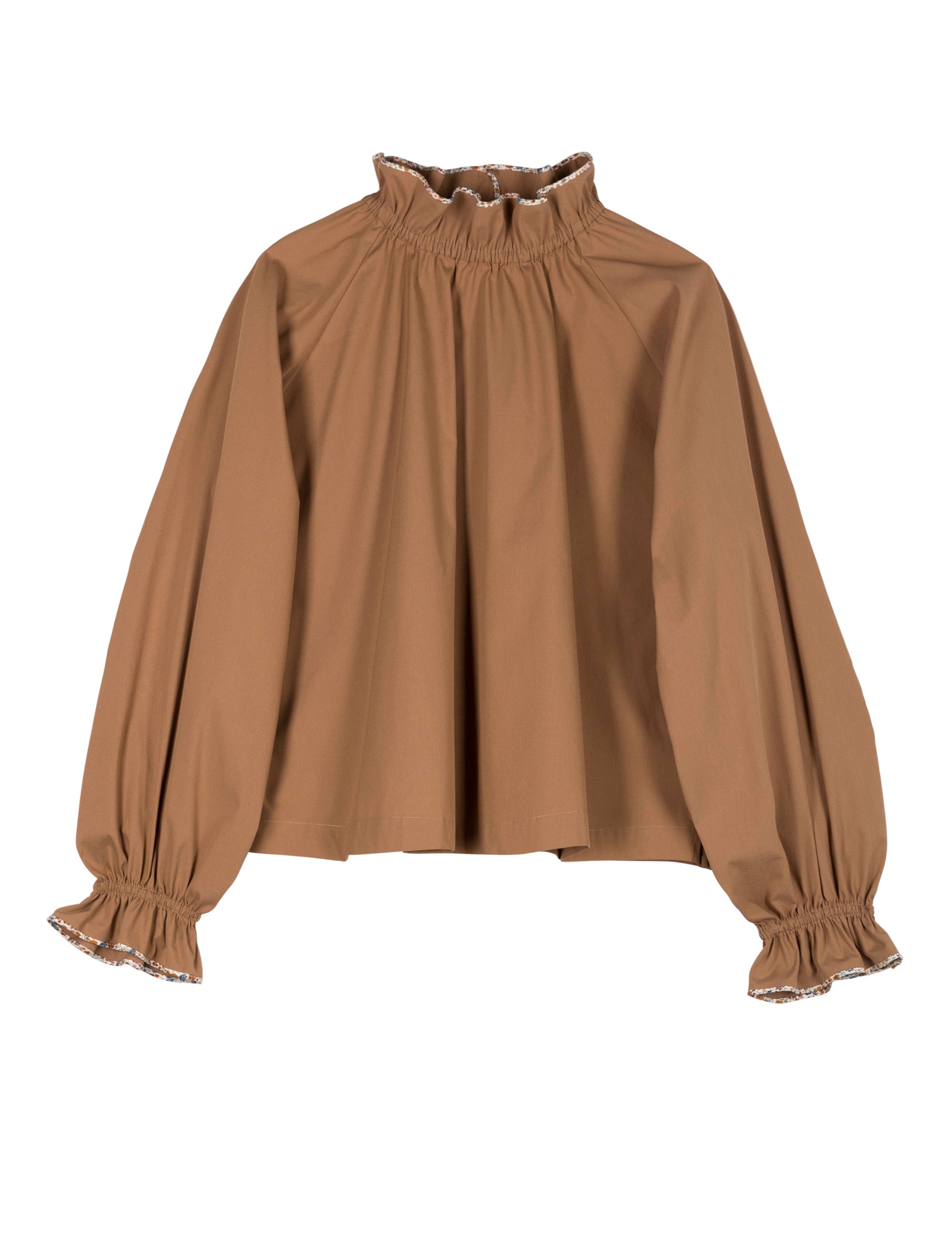 Brown shirt with long sleeves, pipings and ruffles