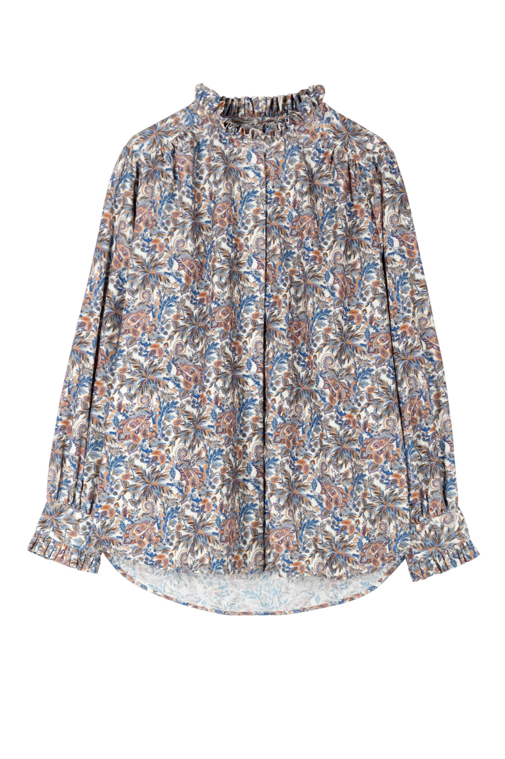 Multi-colored flower patterned shirt with frilled collar and long sleeves