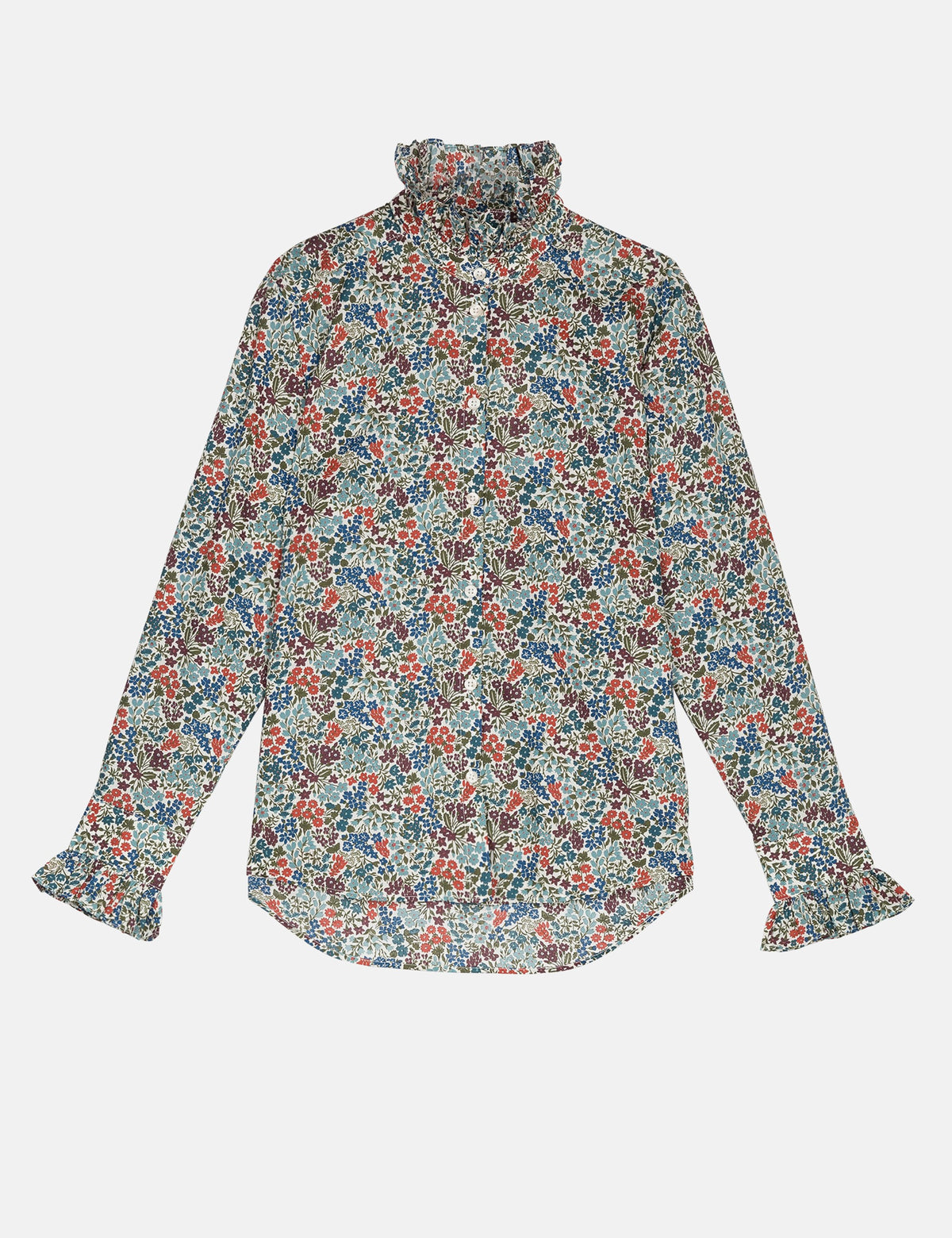 A long-sleeve button-up shirt with a high collar, featuring an all-over dense floral print in muted red, blue, and brown tones on a light gray-green base.