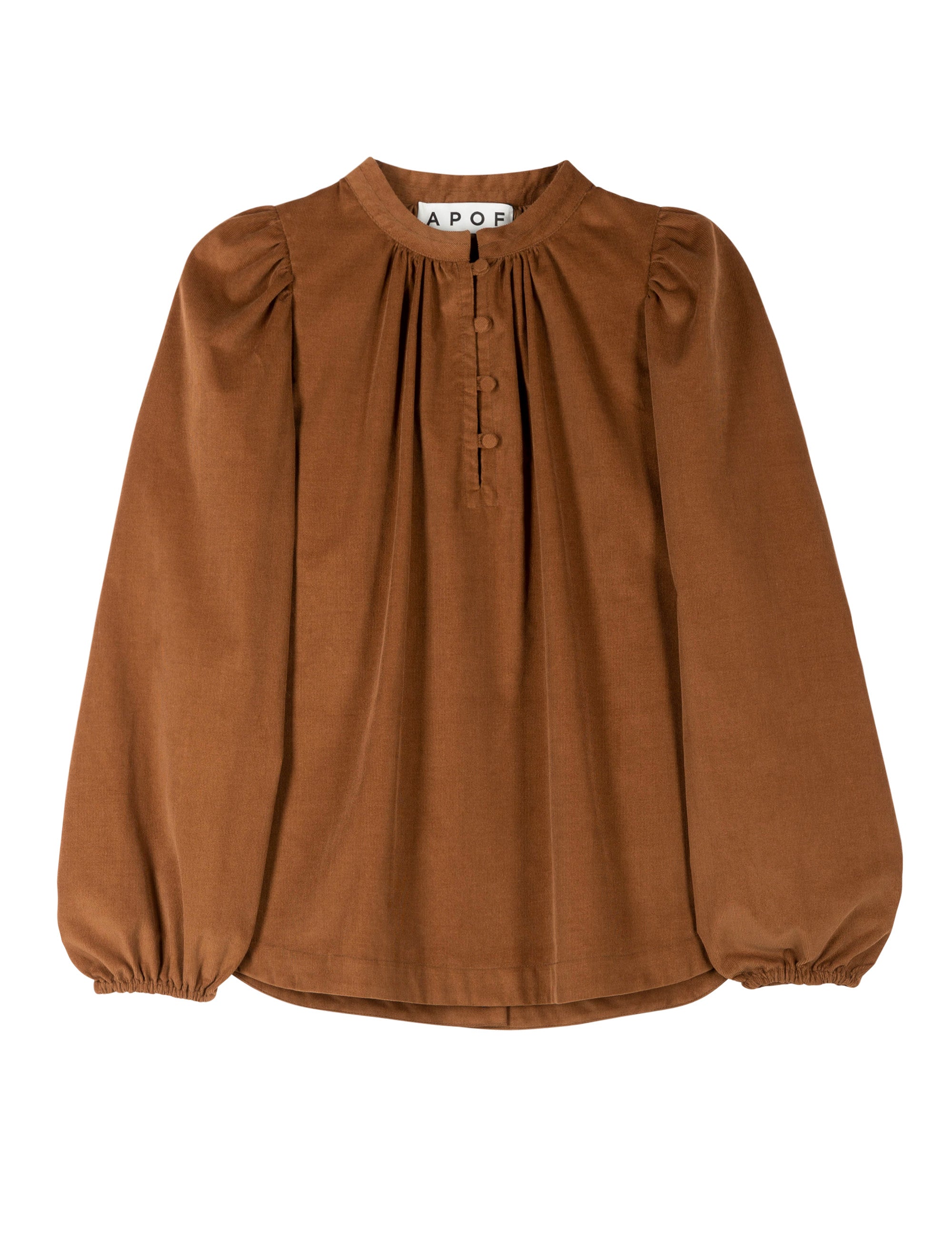 Long sleeved congnac colored corduroy blouse with puff sleeves and covered buttons