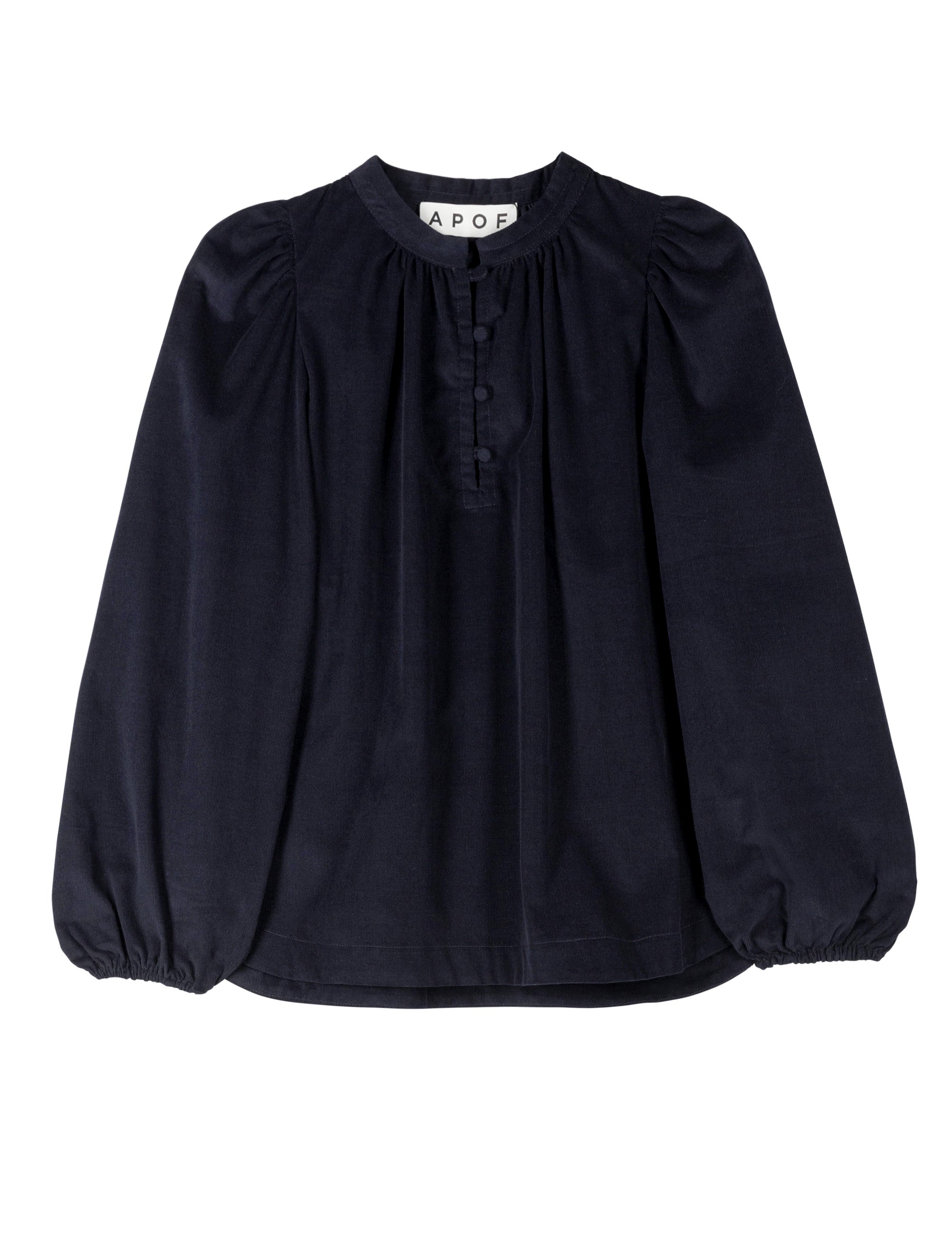 Women's baby navy blue cordudroy blouse with long puffed sleeves, round neck and covered buttons 