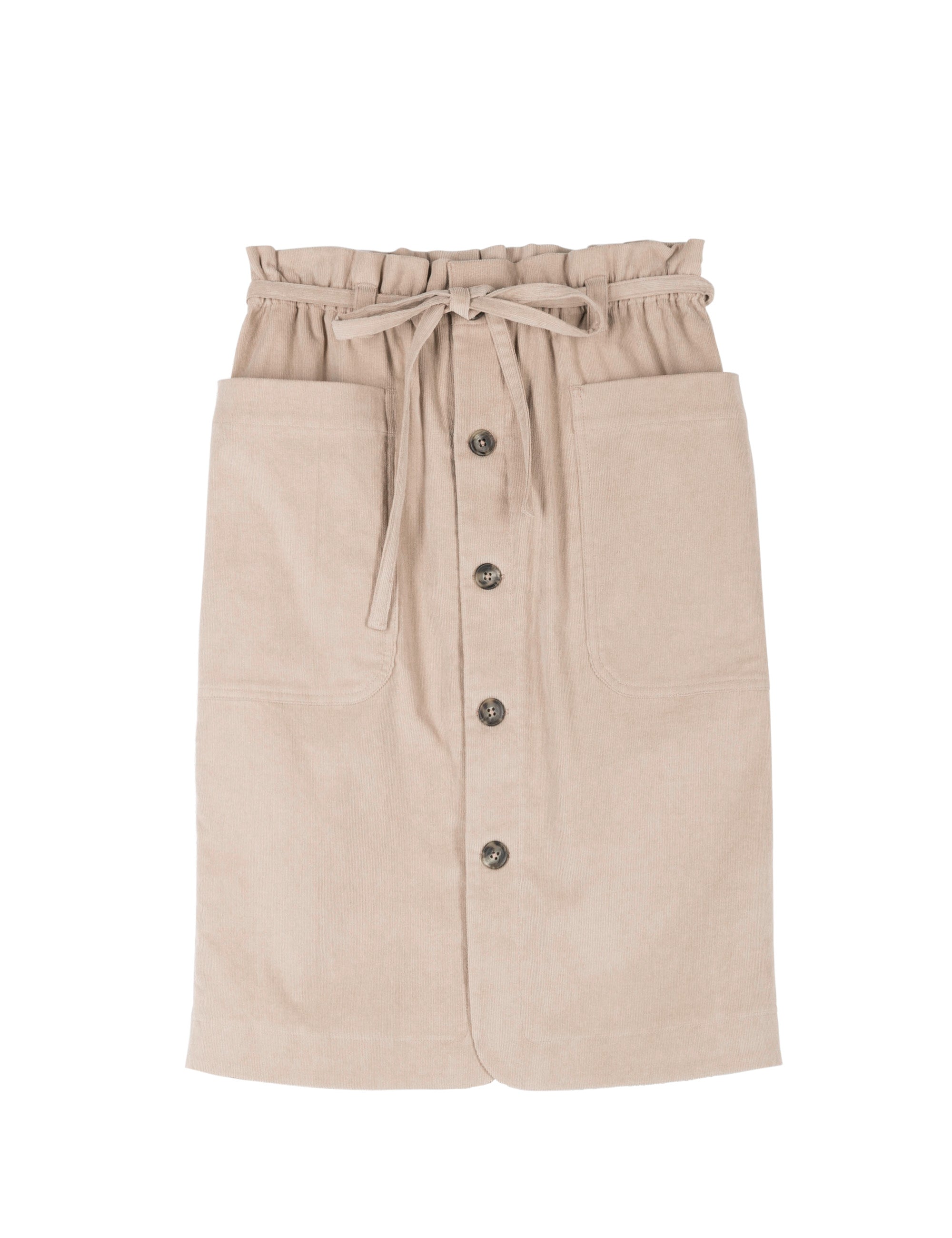 Beige corduroy skirt with buttons, pockets and string