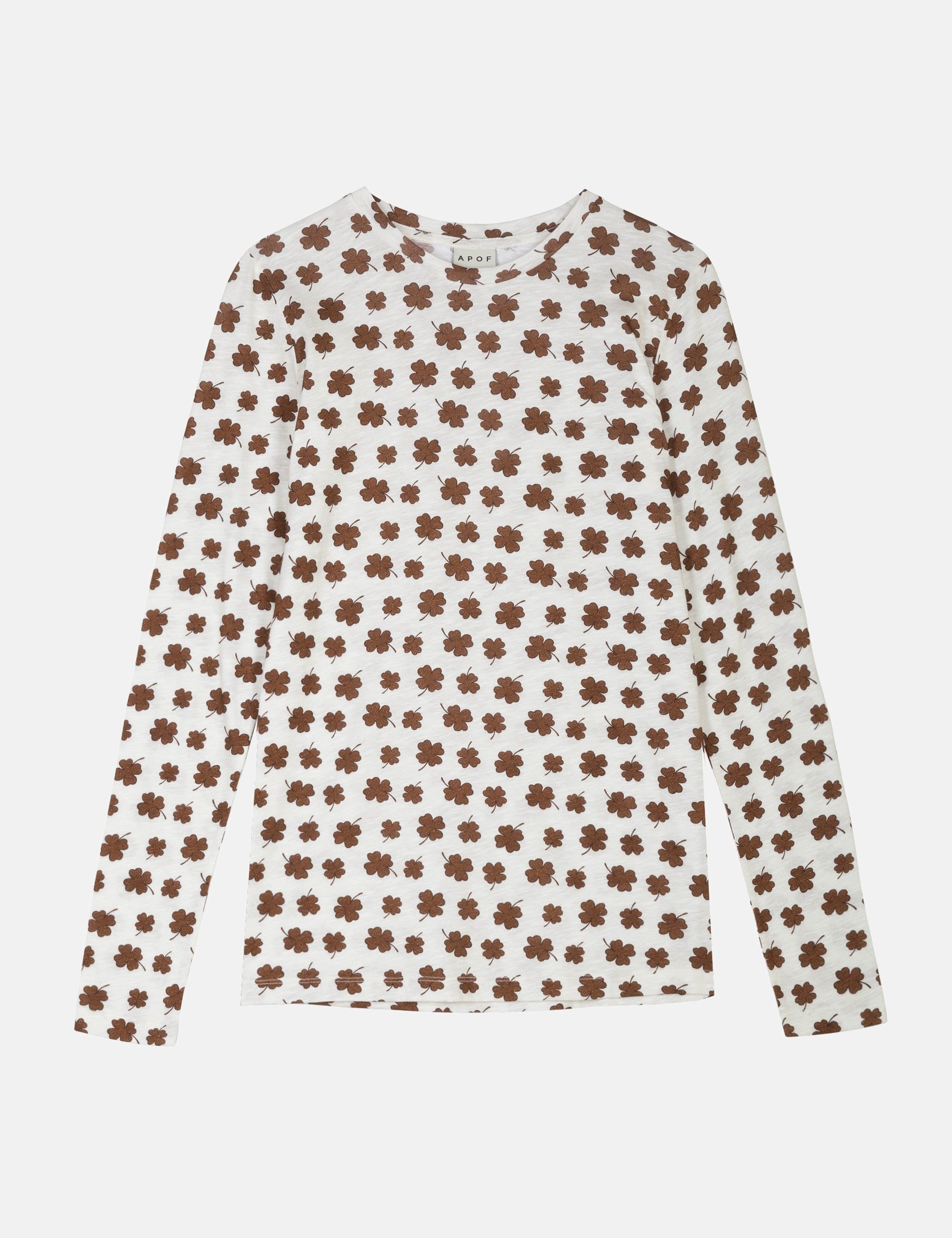 Women's long sleeve white t-shirt with brown four-leaved clovers pattern