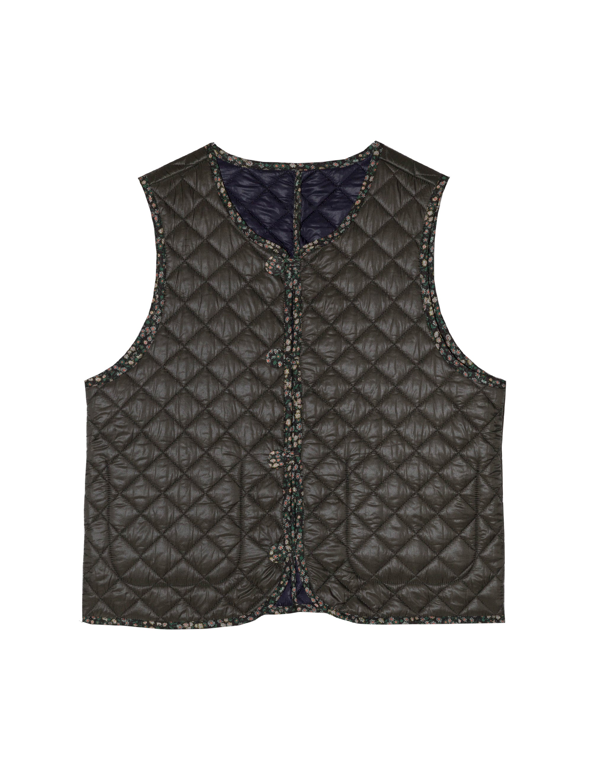 Green quilted women's vest with pockets, buttons and floral print pipings