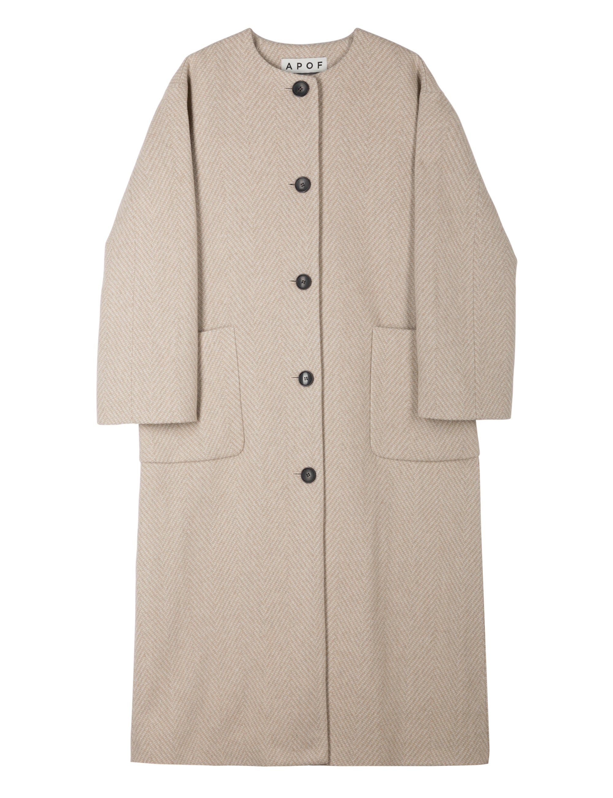 Long beige wool coat with herringbone pattern, round neck, black buttons and pockets