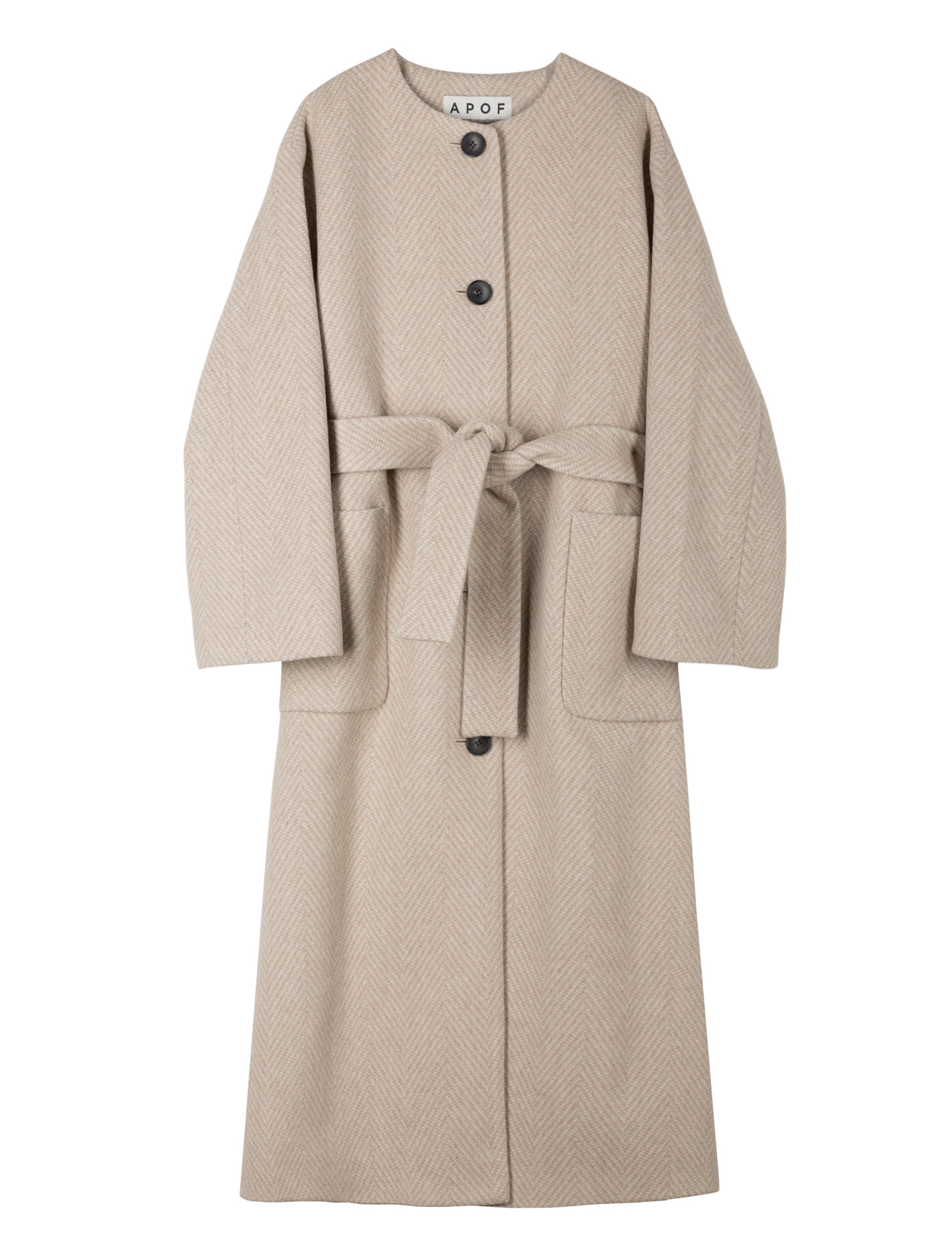 Long beige wool coat with herringbone pattern, round neck, belt, black buttons and pockets