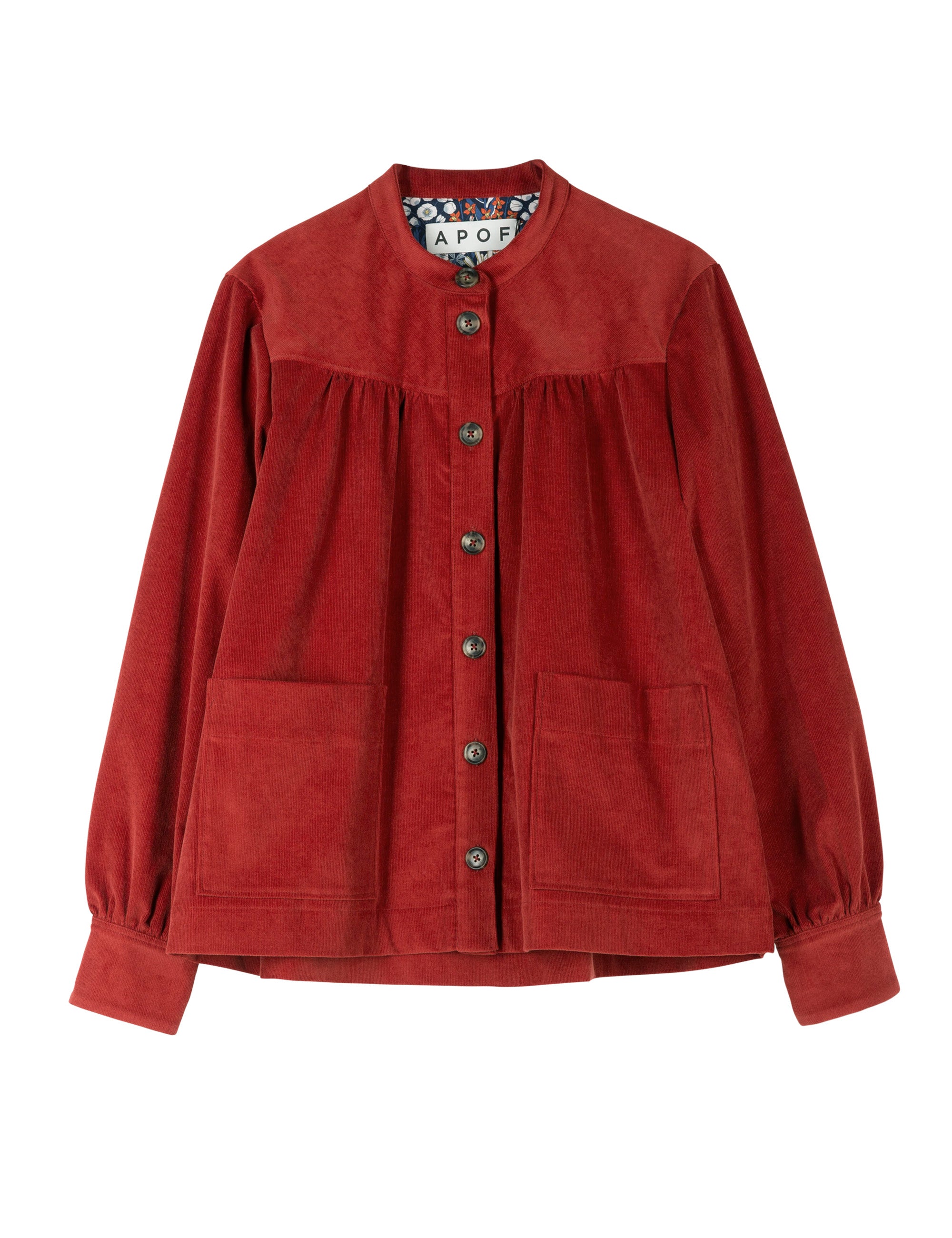 Women's red baby corduroy jacket with large pockets and butttons on the front