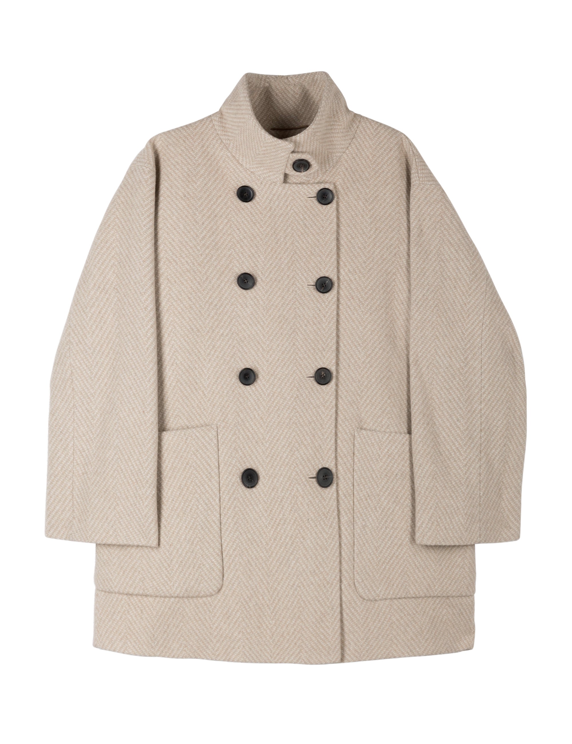 Beige herringbone patterned wool jacket with black buttons, pockets and stand collar