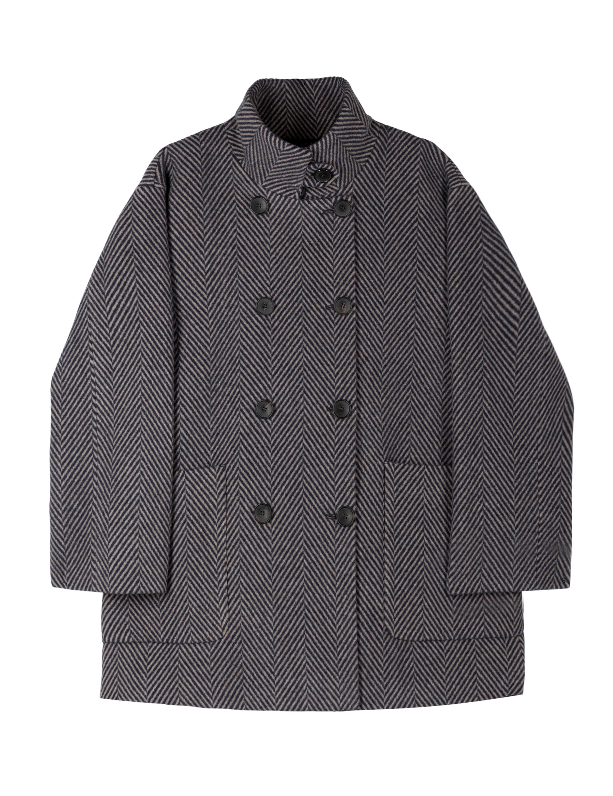 Blue herringbone wool jacket with stand collar, large pockets and double buttons