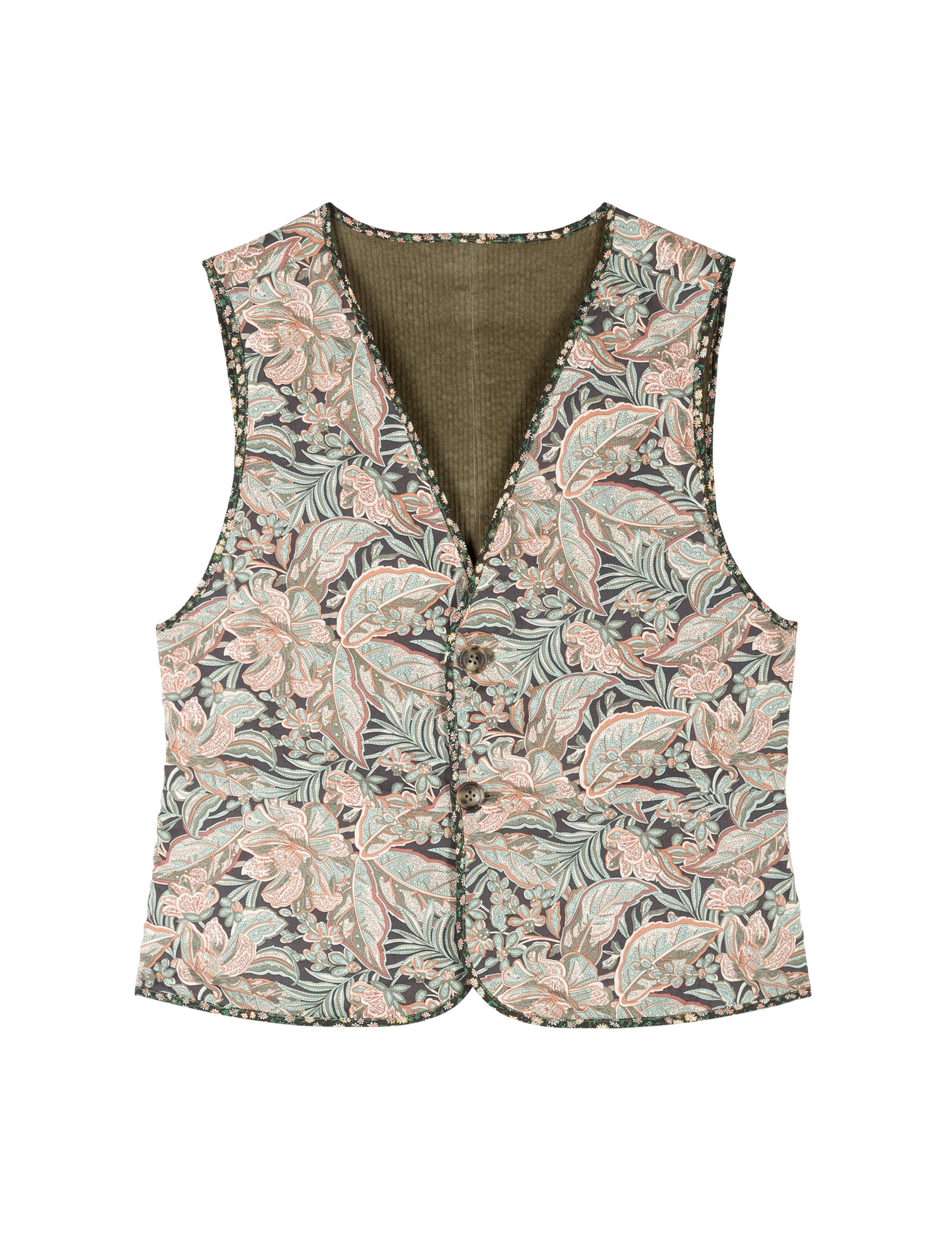 Women's floral print vest with buttons, pockets and olive green corduroy lining