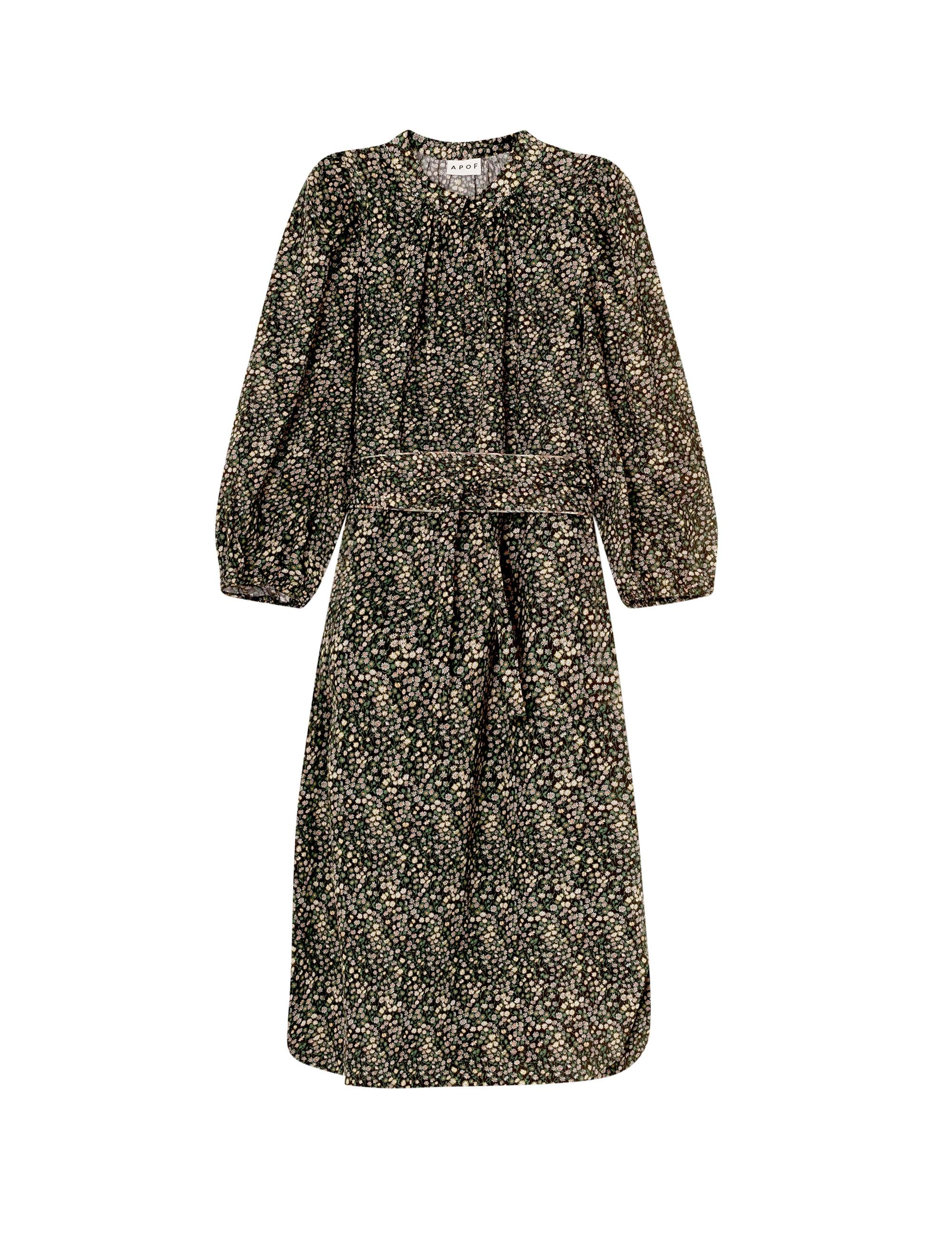 Midi dress with long puff sleeves and belt in marguerite flower pattern cotton