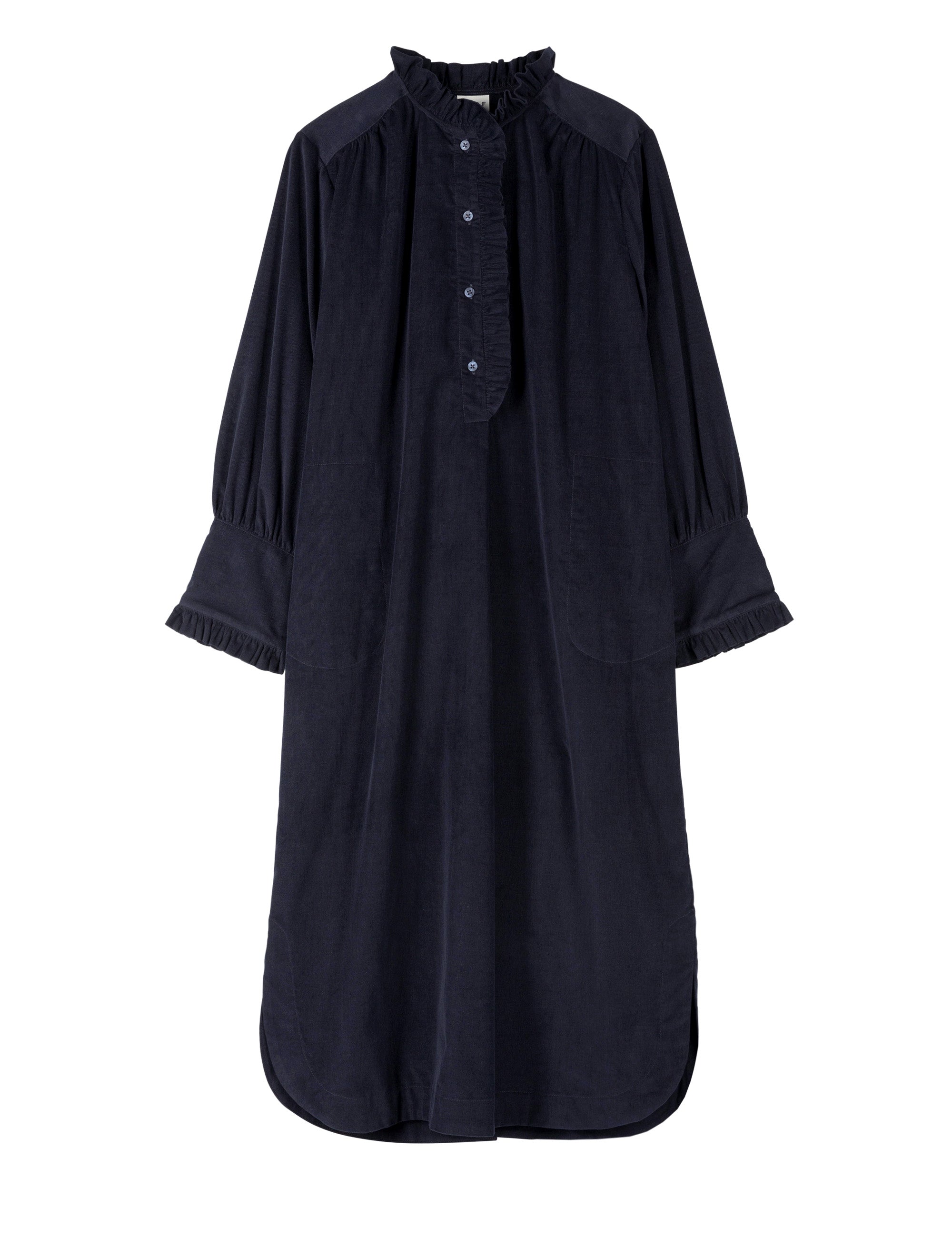 Blue baby corduroy dress with long sleeves frilled cuffs, a stand frill collar and buttons at the front