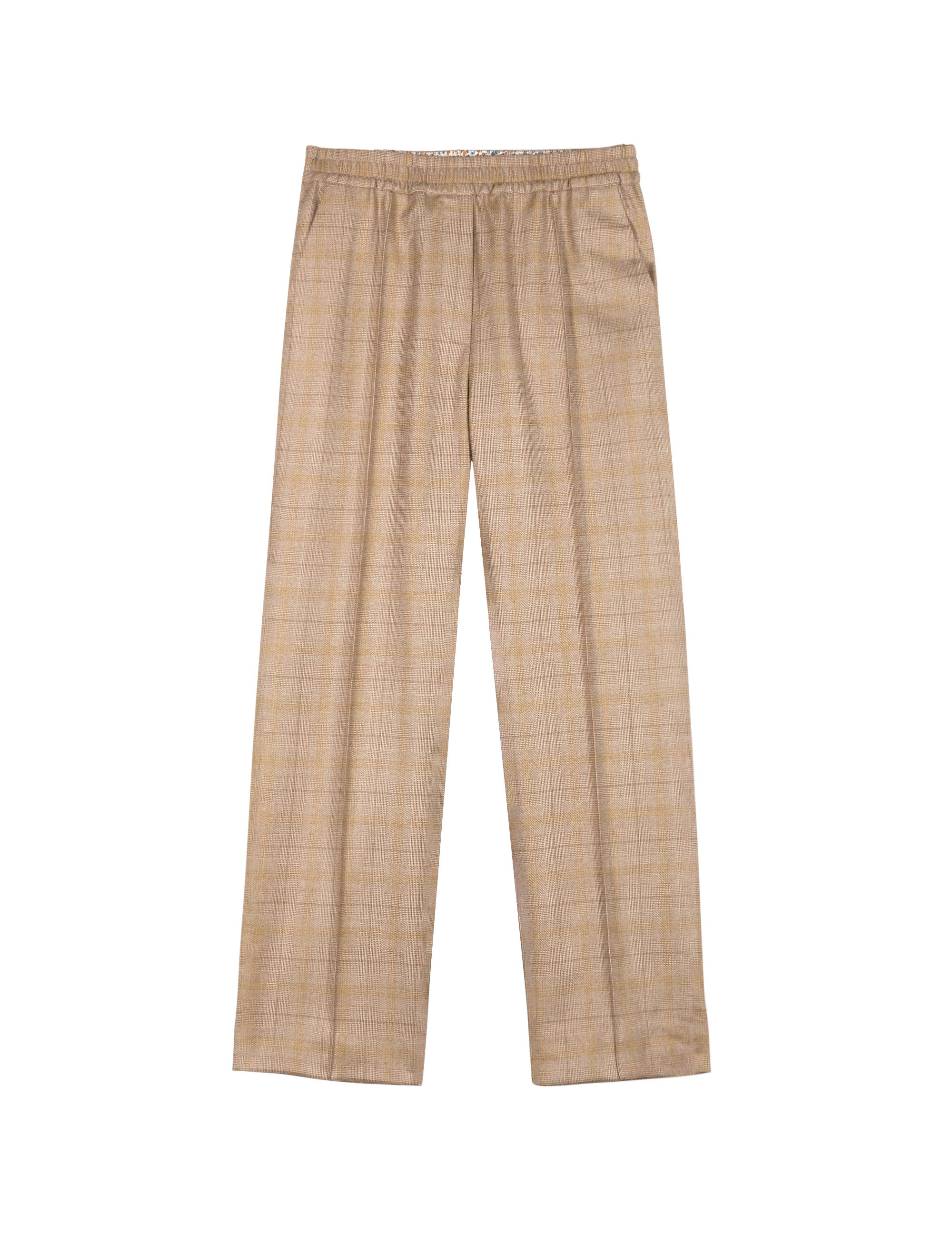 Brown check wool pants with cigarette silhouette and elastic waist band