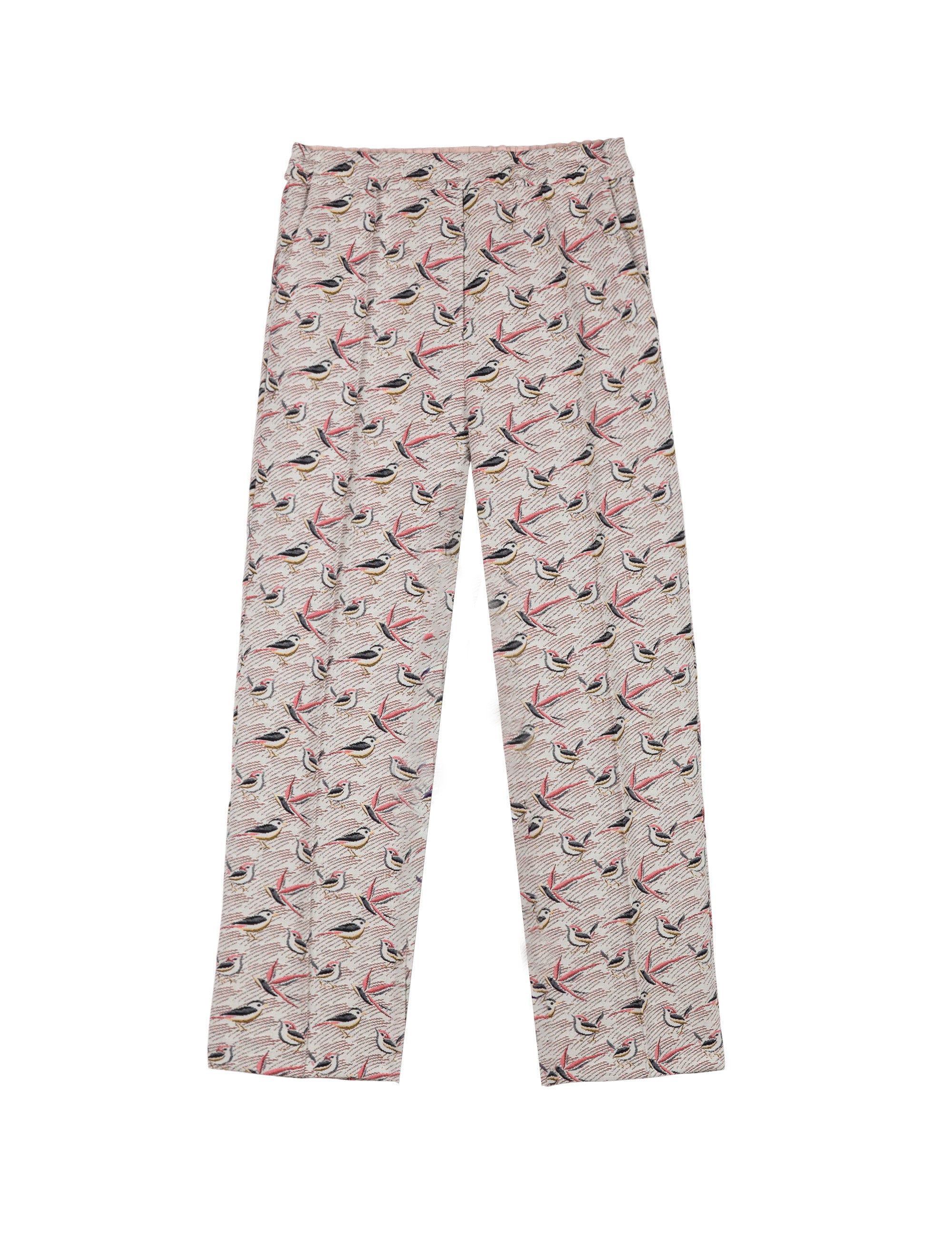 Beige cigarette women's pants with bird patterned print