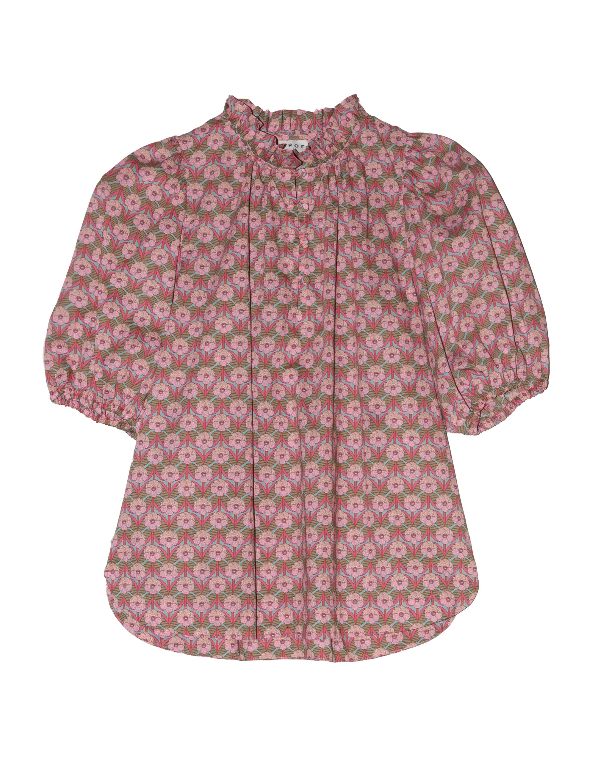 Pink flower print blouse with short puff sleeves