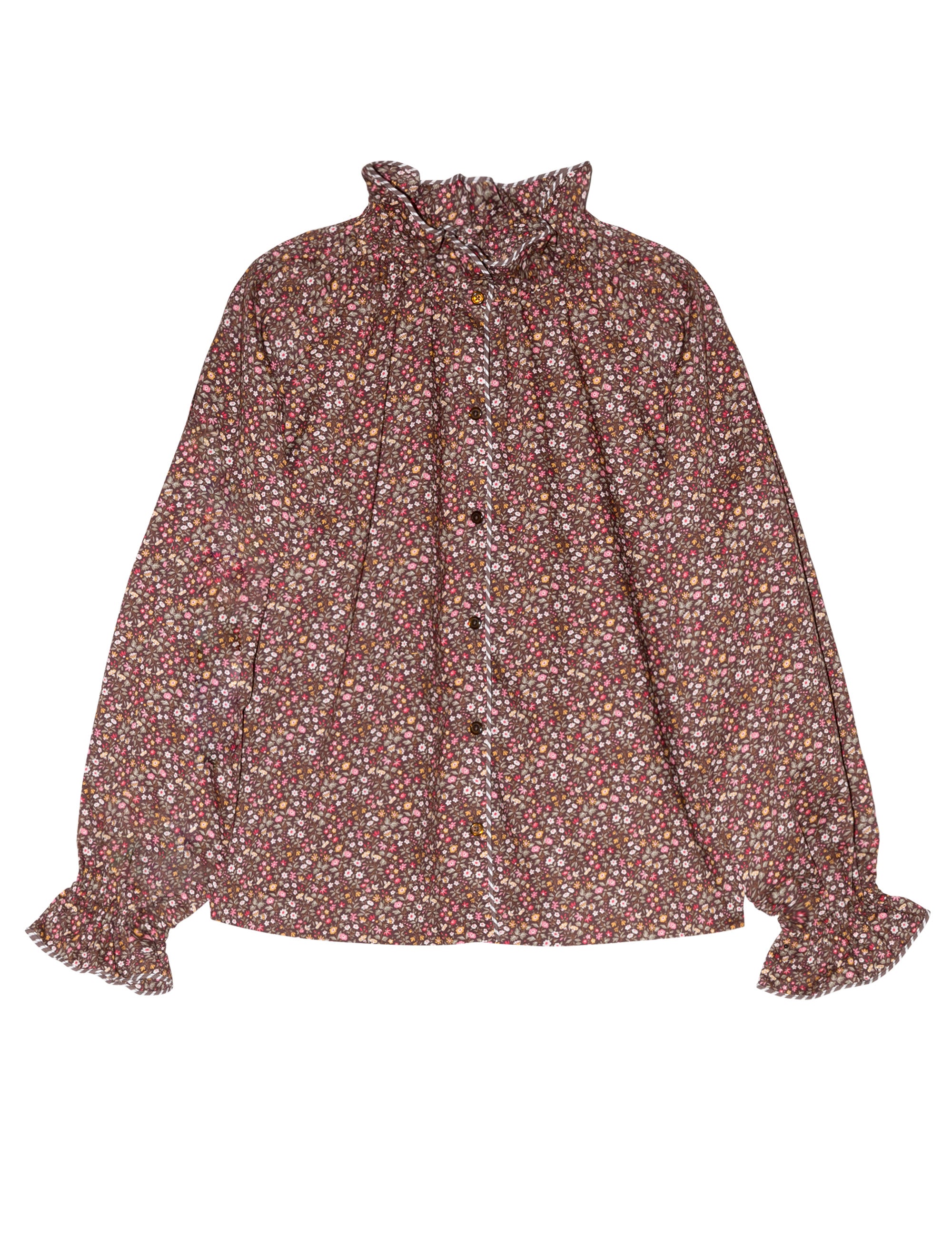 Women's liberty cotton brown floral print shirt with buttons and frilled cuffs and collar