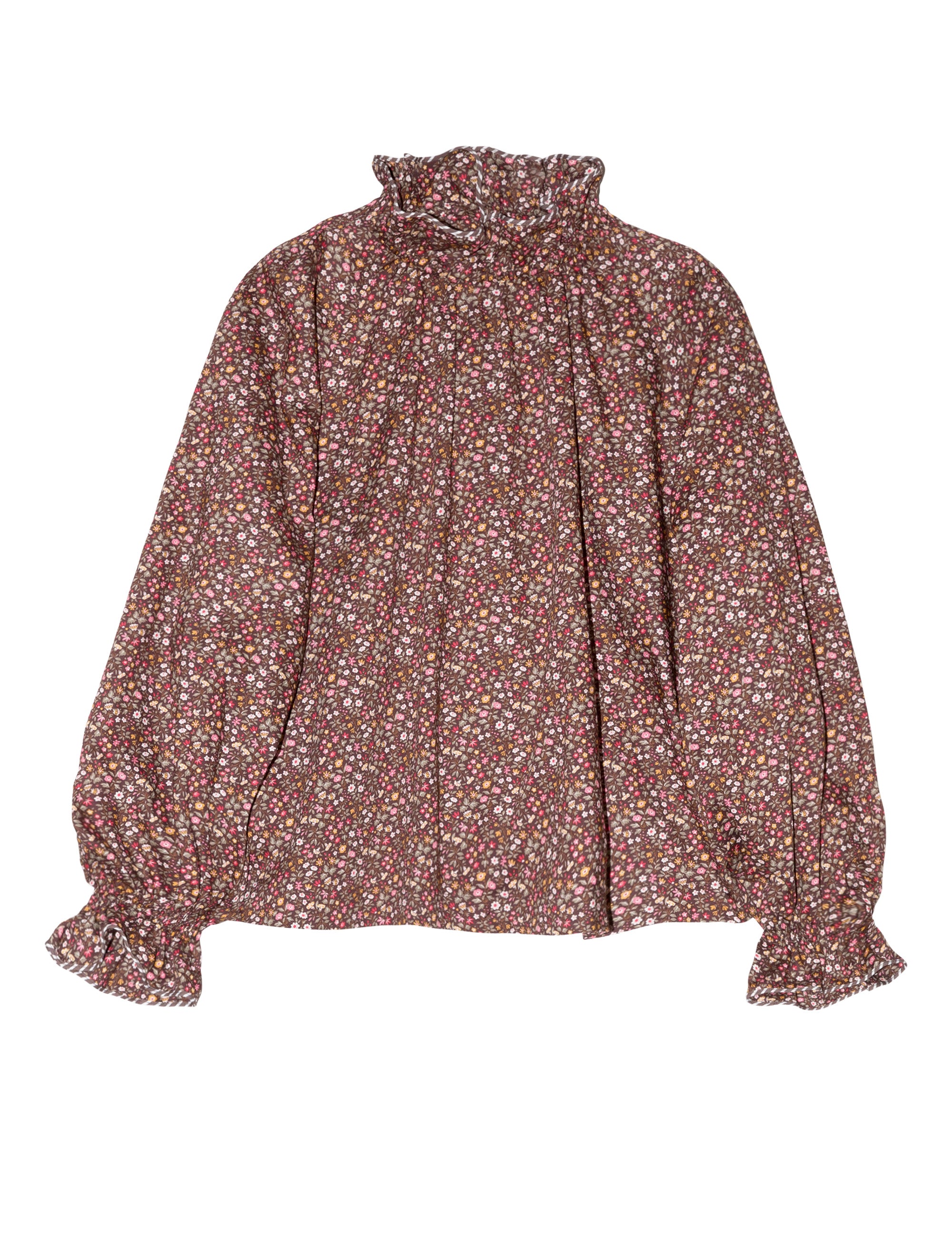 Women's liberty cotton brown floral print shirt with frilled cuffs and collar