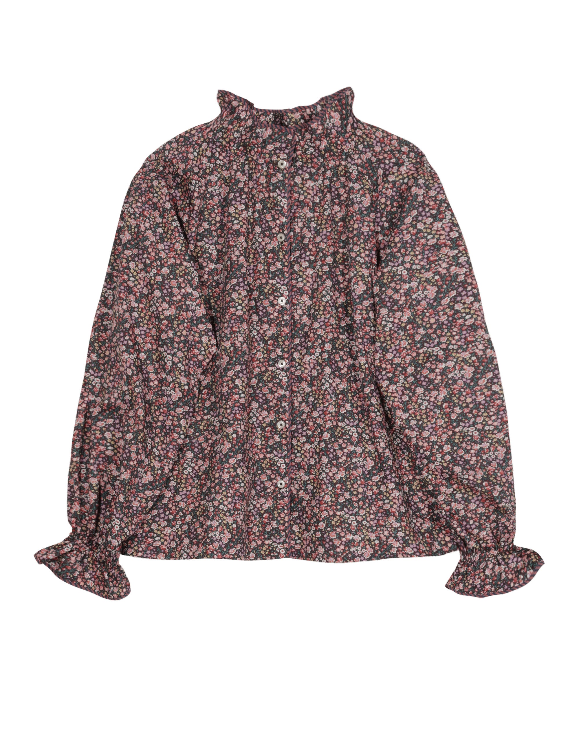 Floral long-sleeved blouse with frill collar and gathered waist