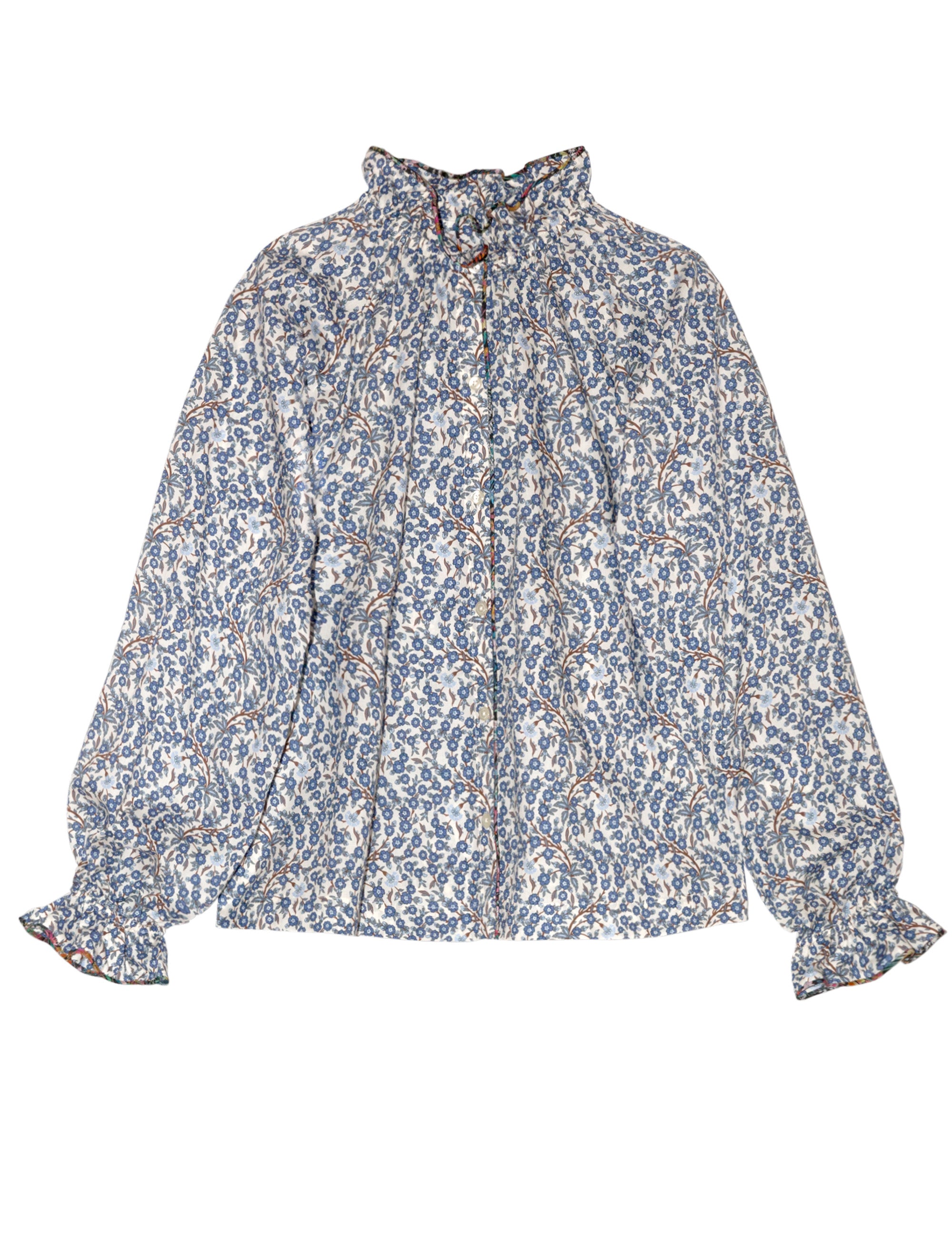 Women's liberty cotton blue and white floral print shirt with frilled cuffs and collar