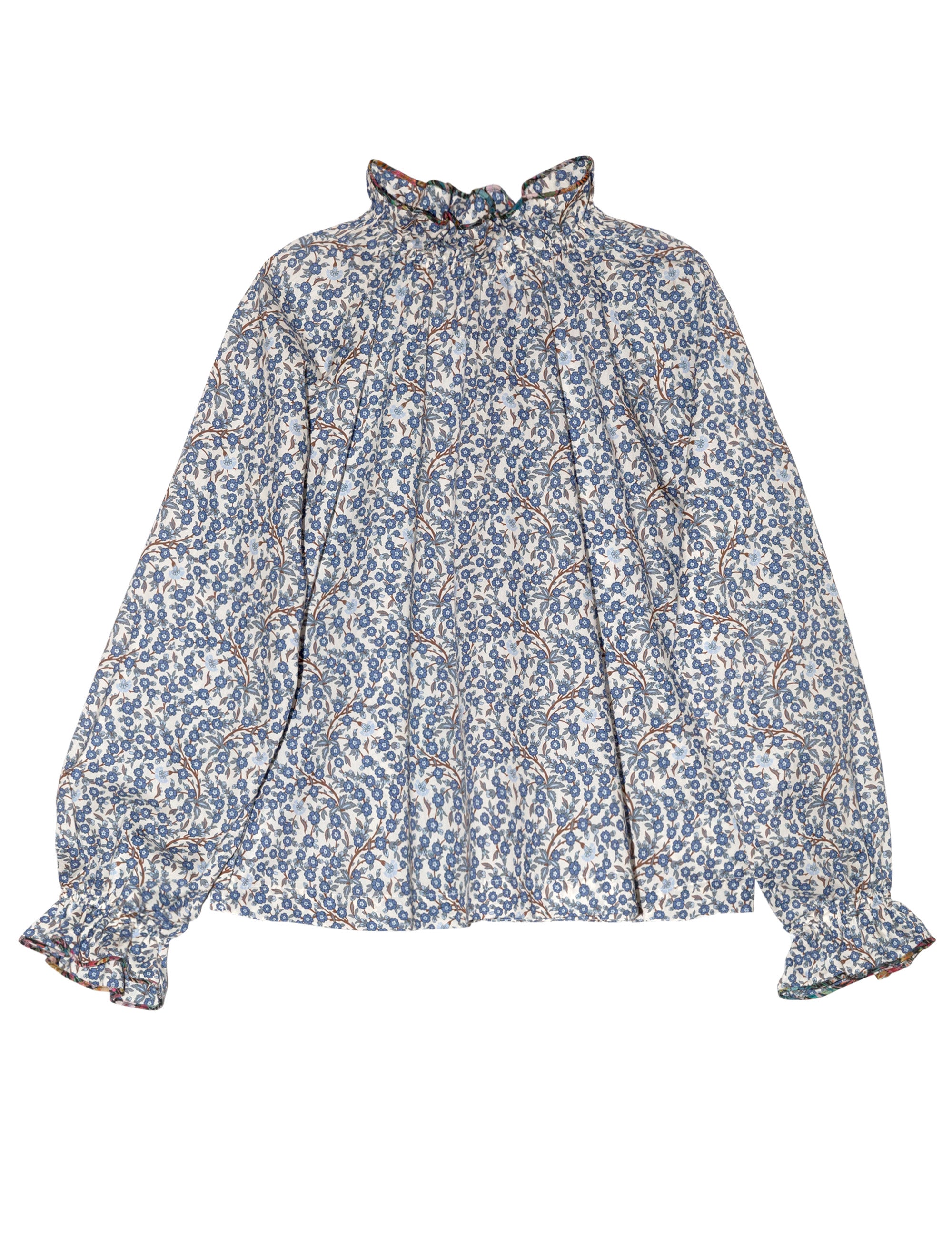 Women's liberty cotton blue and white  floral print shirt with frilled cuffs and collar