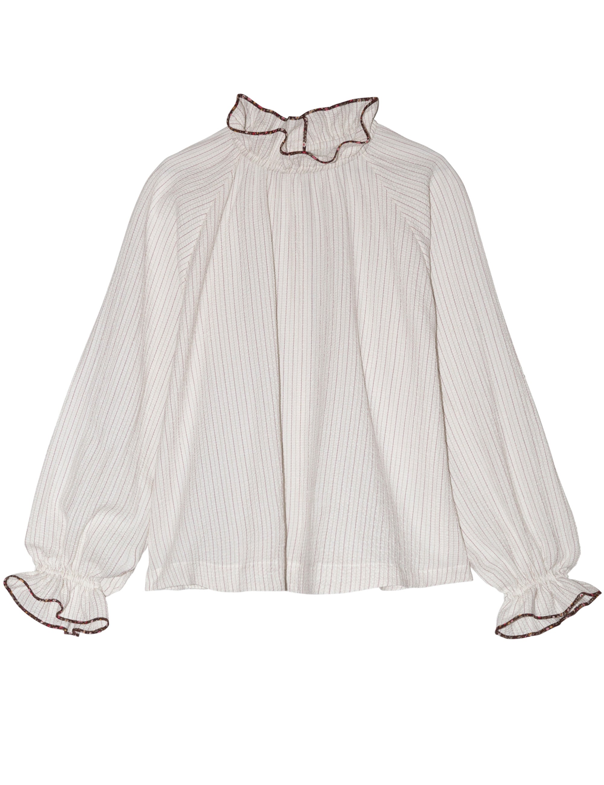 Women's long sleeved shirt in white seersucker with light red stripes, buttons, frilled collar and cuffs and floral print pipings