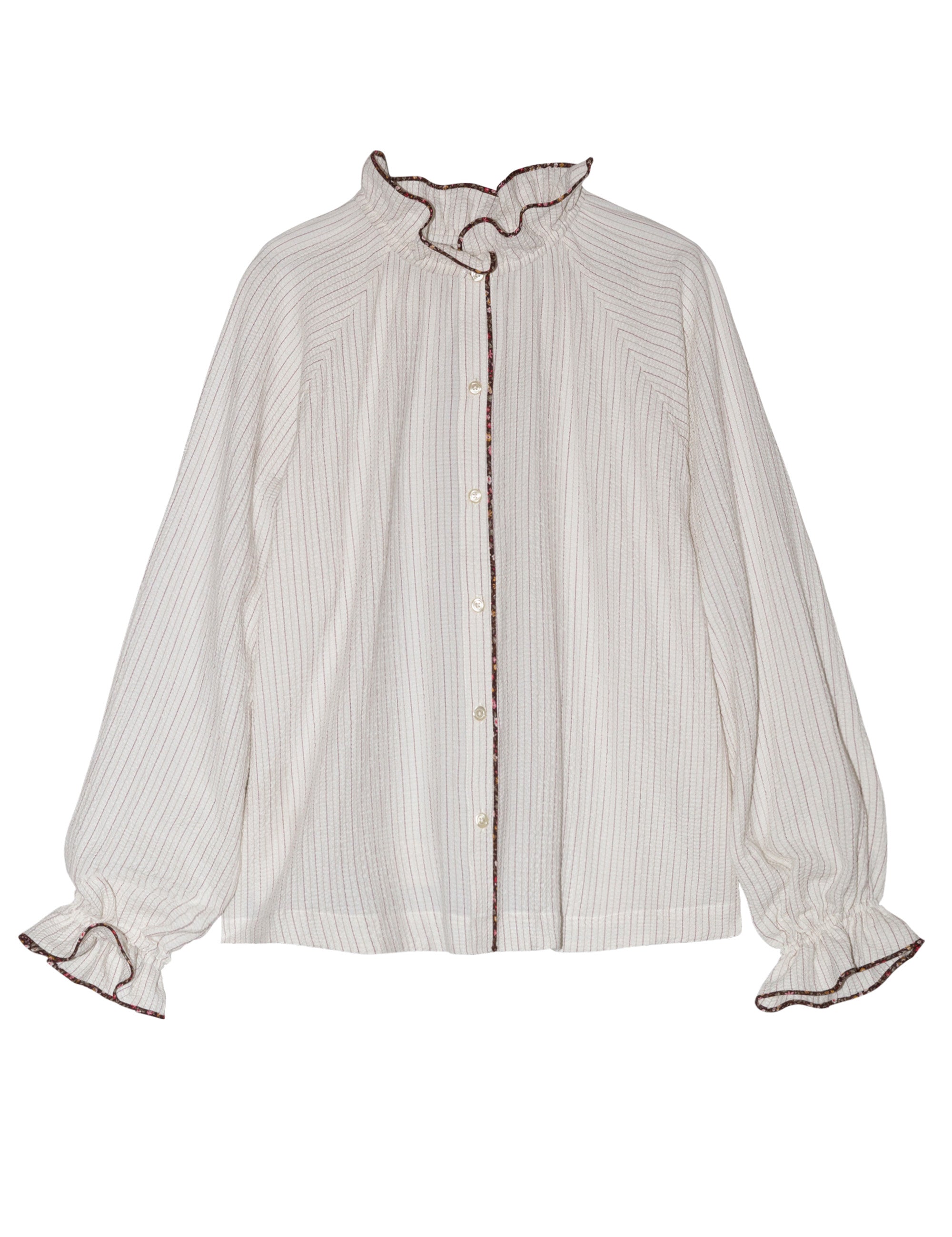 Women's long sleeved shirt in white seersucker with light red stripes, buttons, frilled collar and cuffs and floral print pipings