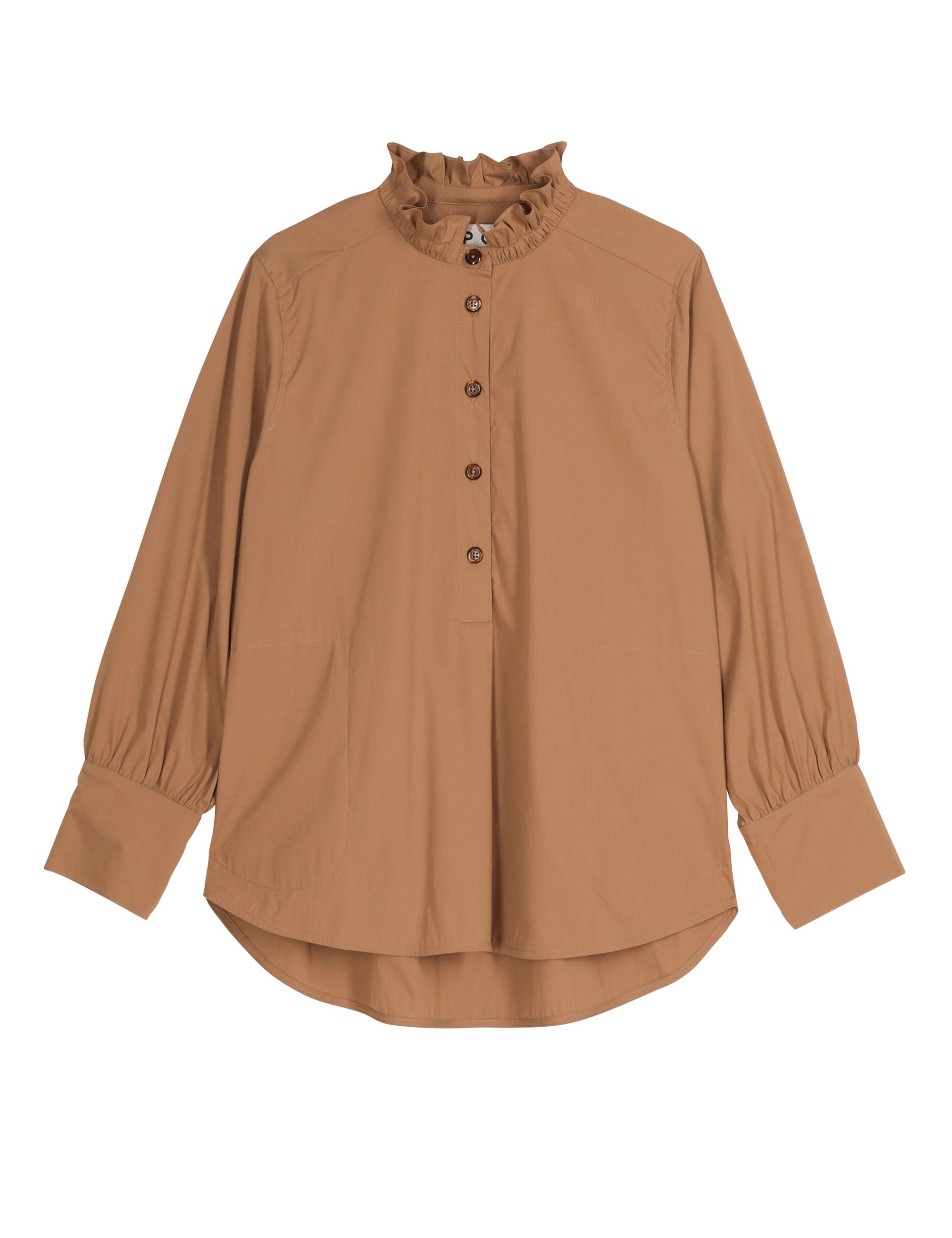 Brown blouse with a high ruffled collar, long sleeves and buttons