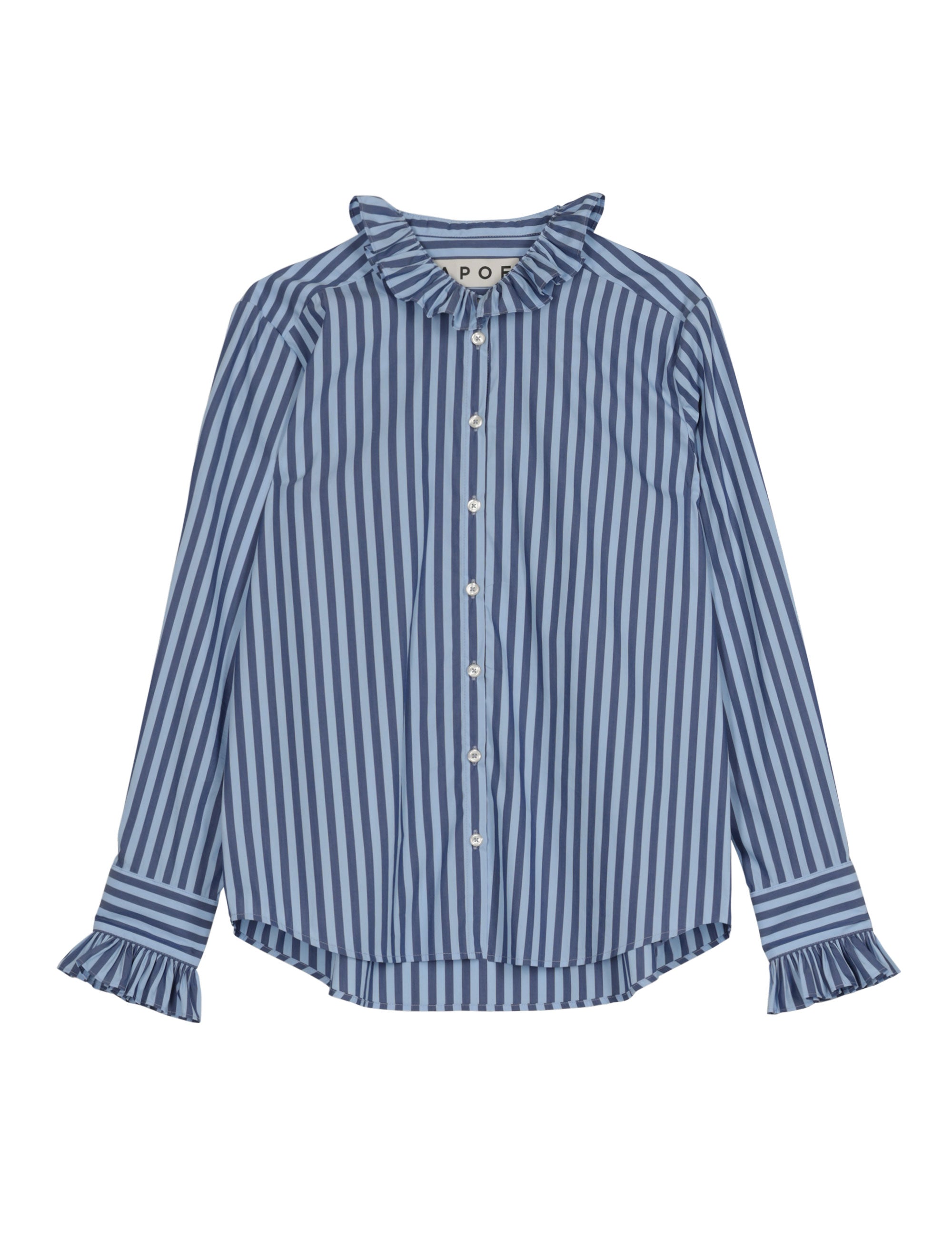 blue and white striped blouse with ruffle collar and button front