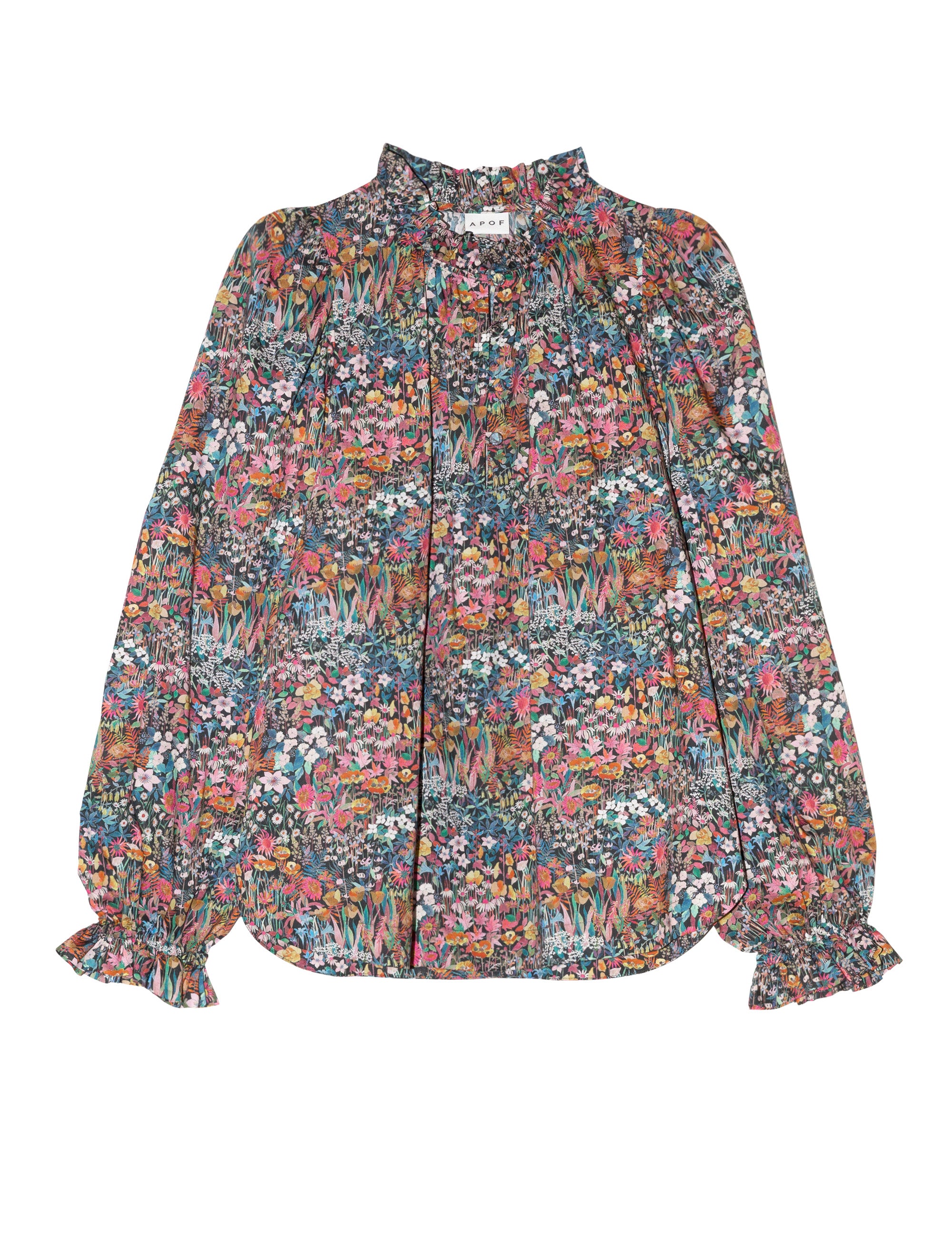 Women's liberty cotton multi-colored floral print shirt with frilled cuffs and collar