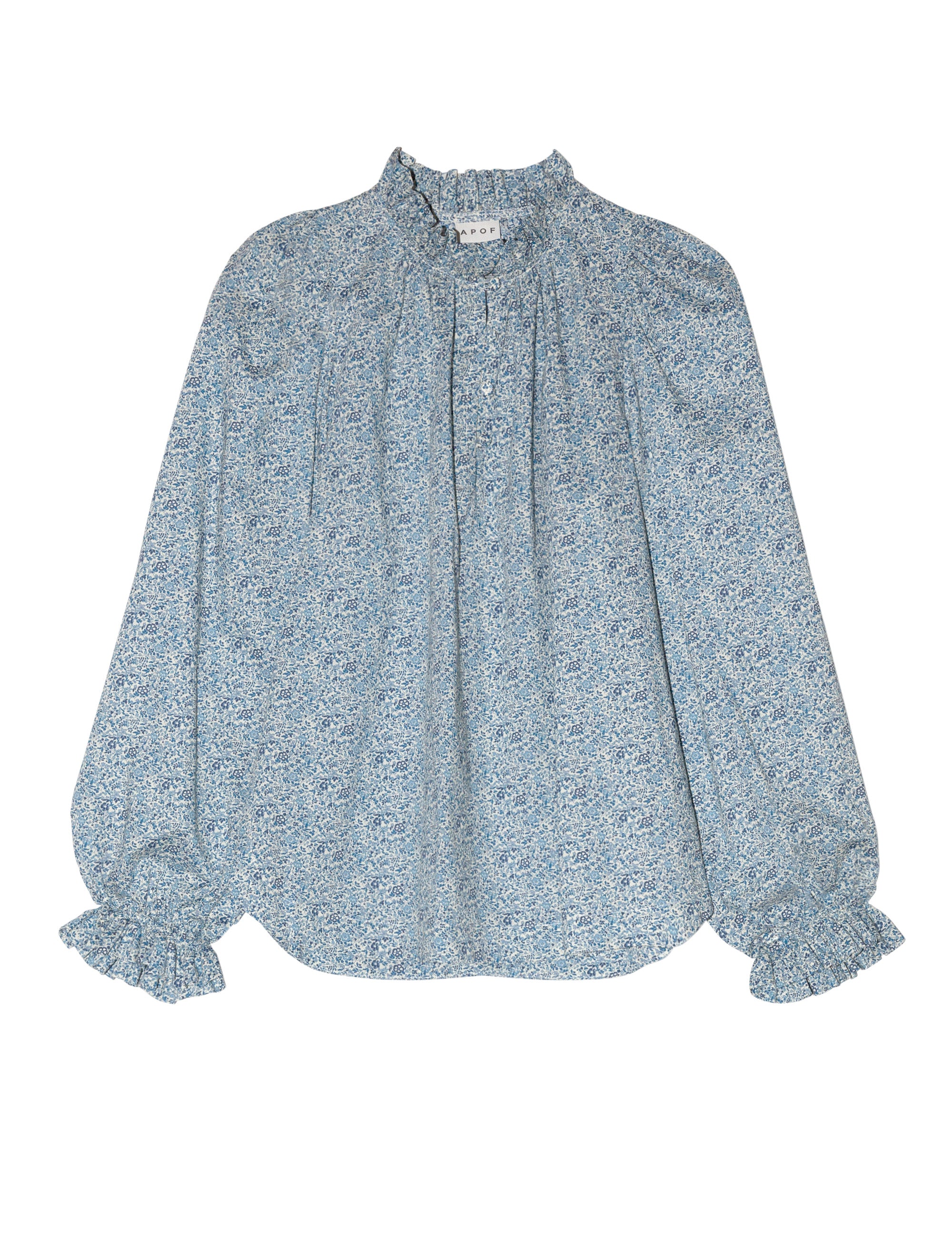 Women's liberty cotton small blue floral print shirt with frilled cuffs and collar