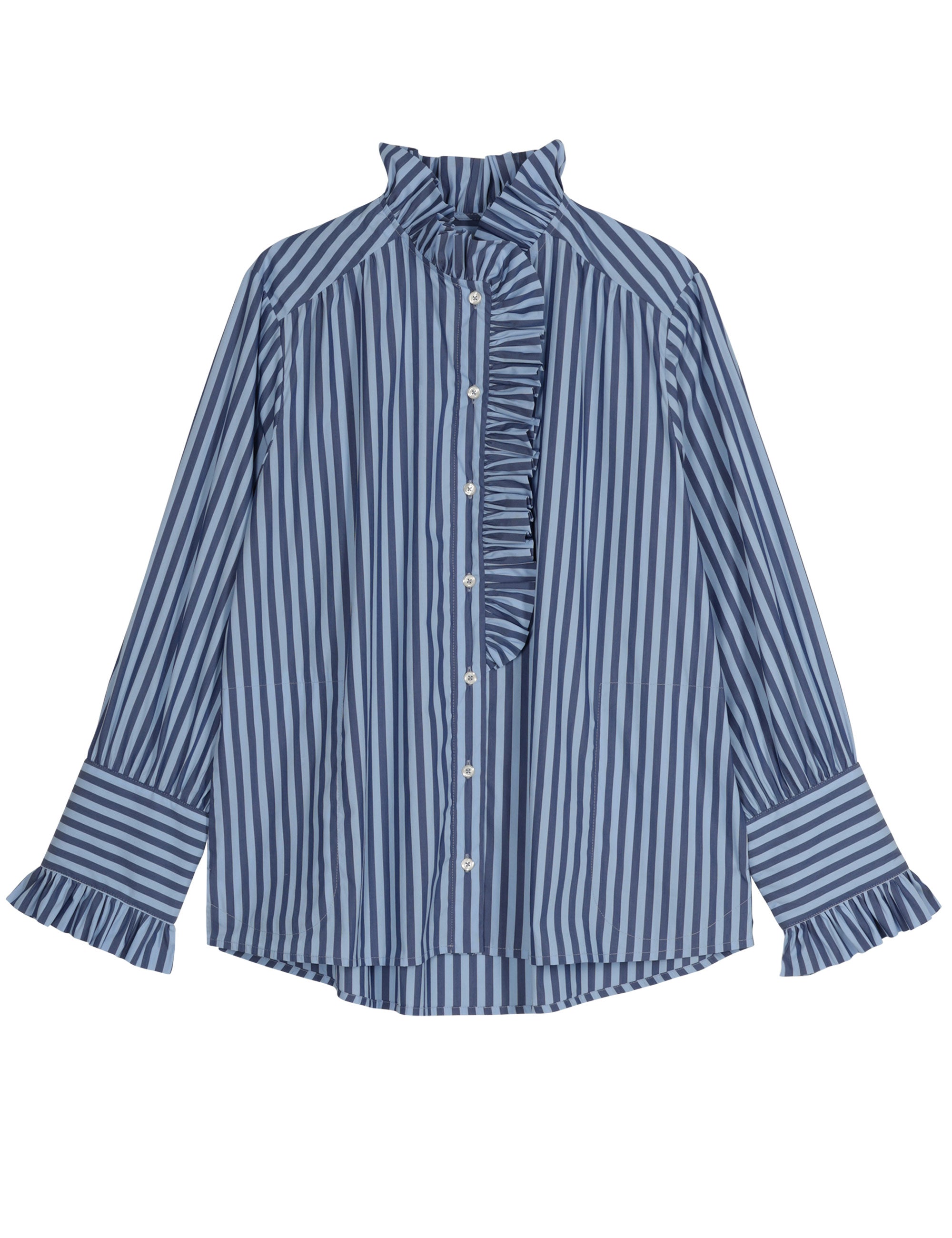 Flat lay of blue striped blouse with ruffled collar and flared cuffs