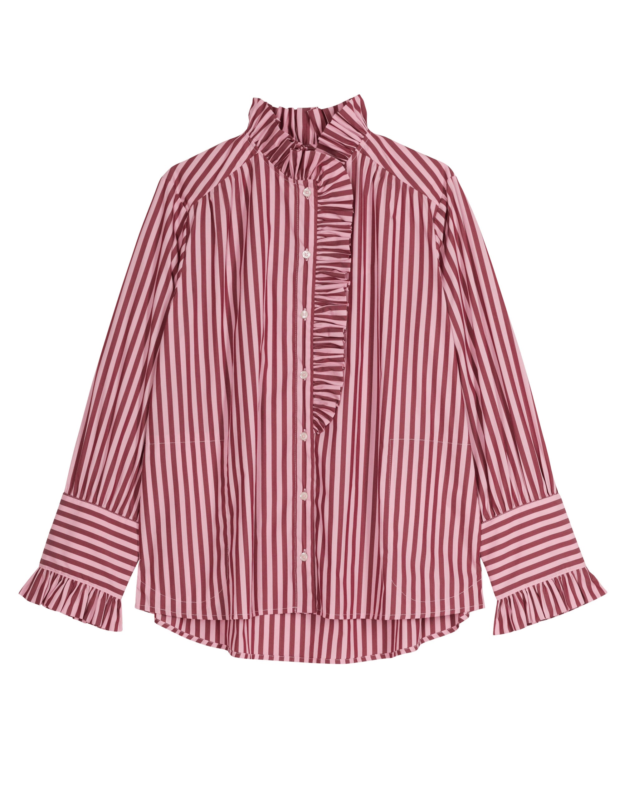 Women's pink striped shirt with frilled chest