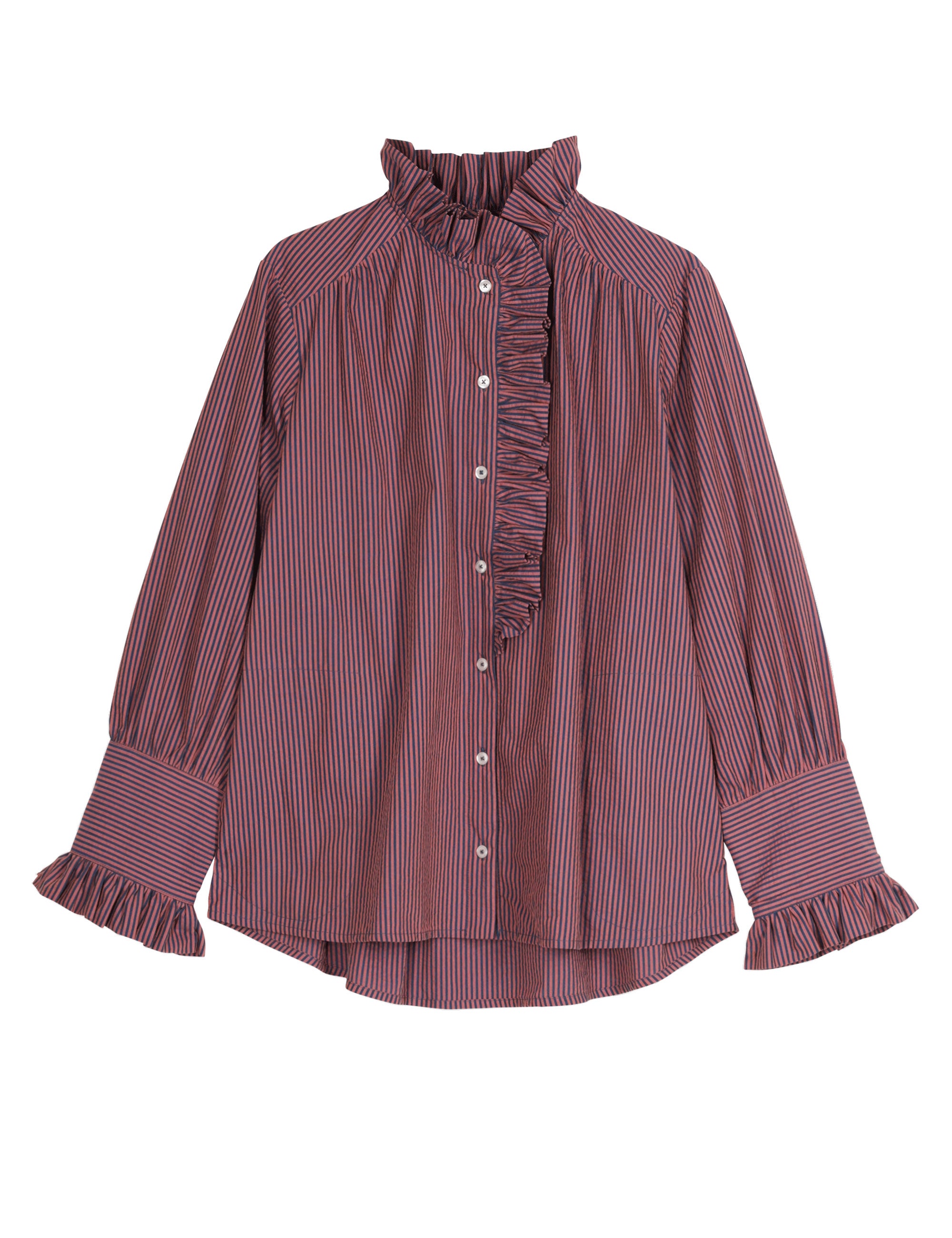Women's pink striped shirt with long sleeves, frilled collar and cuffs