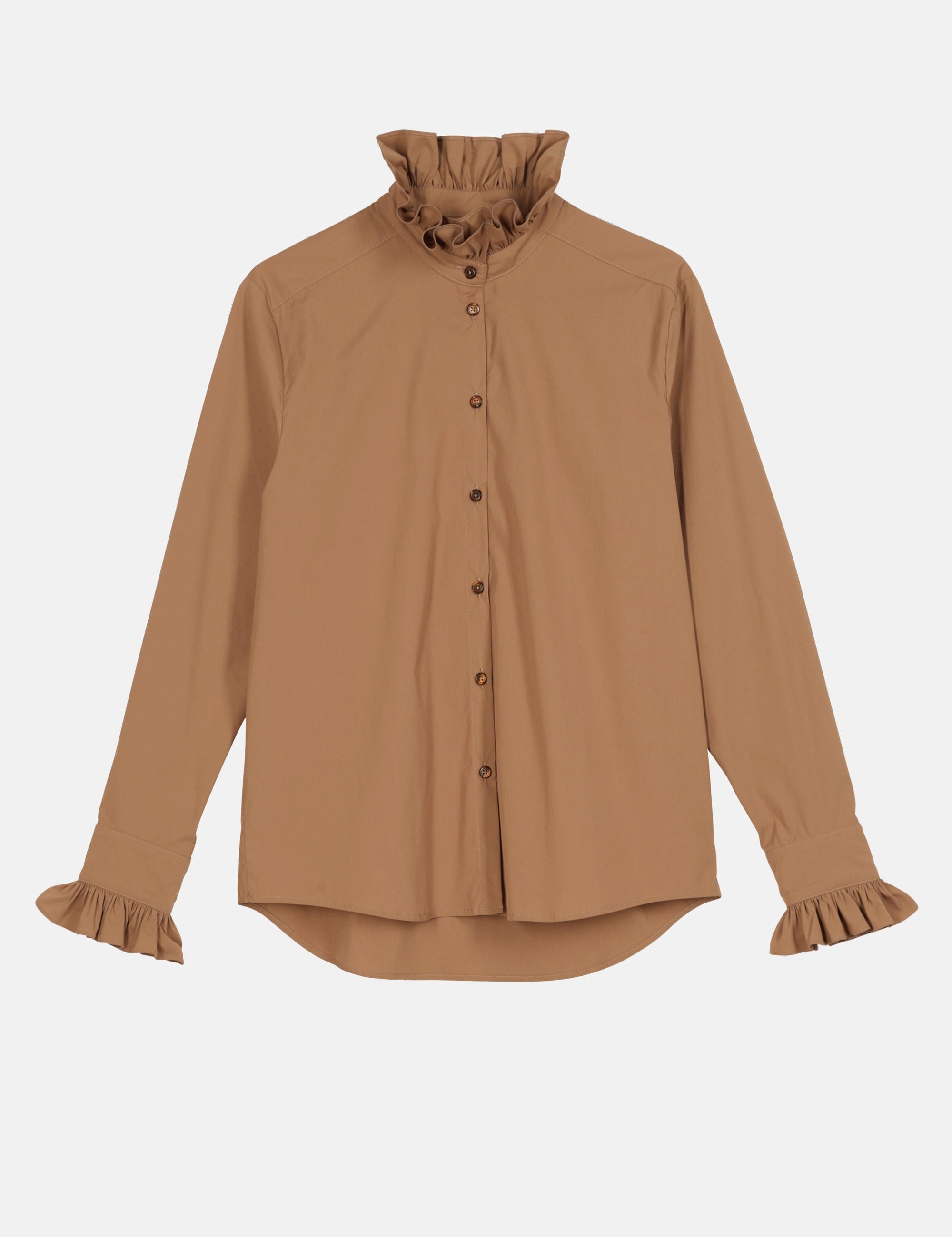 Toffee-colored blouse with ruffled high neck and cuffs, button-down front