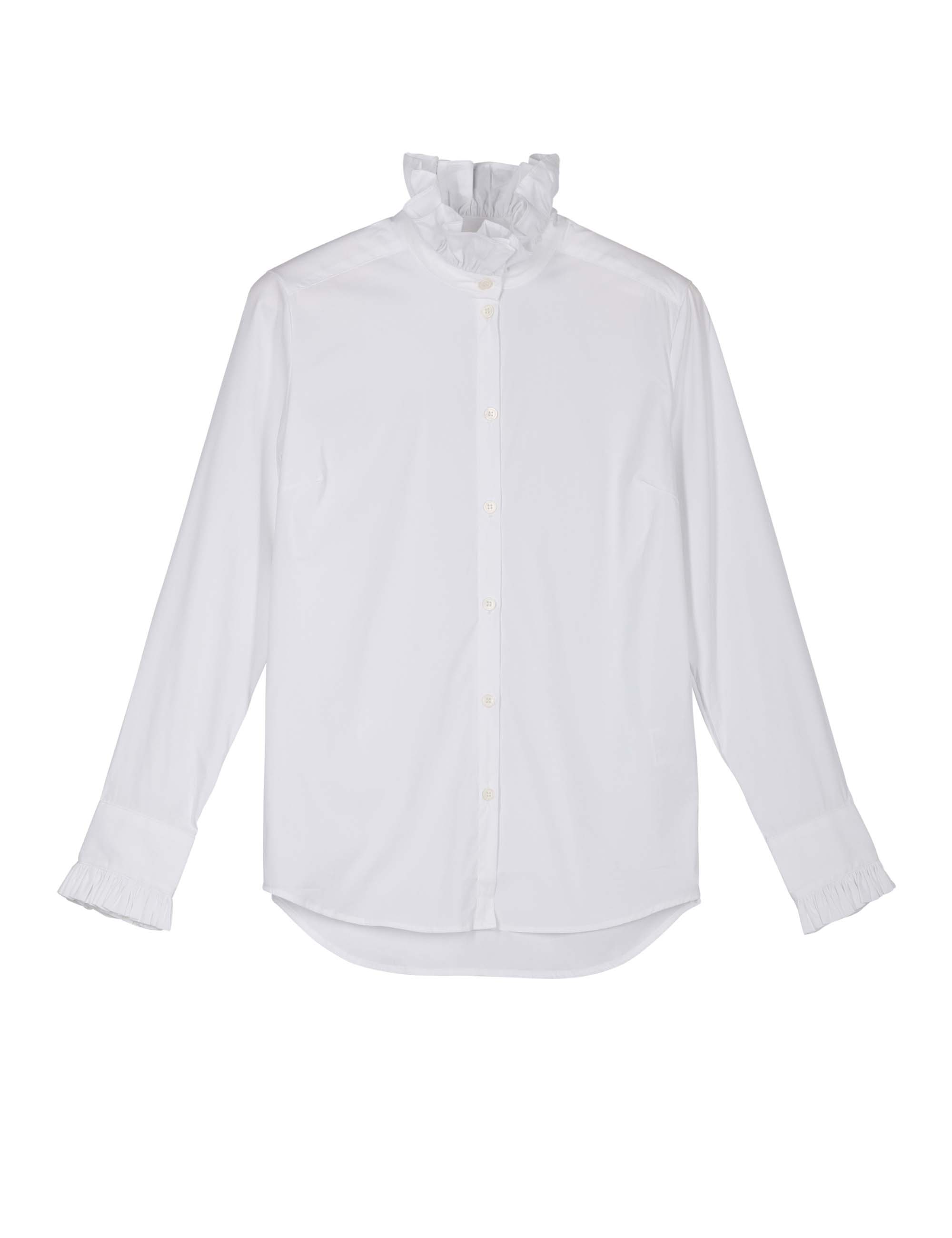A white long-sleeved women's shirt with a frilled collar and delicate cuffs