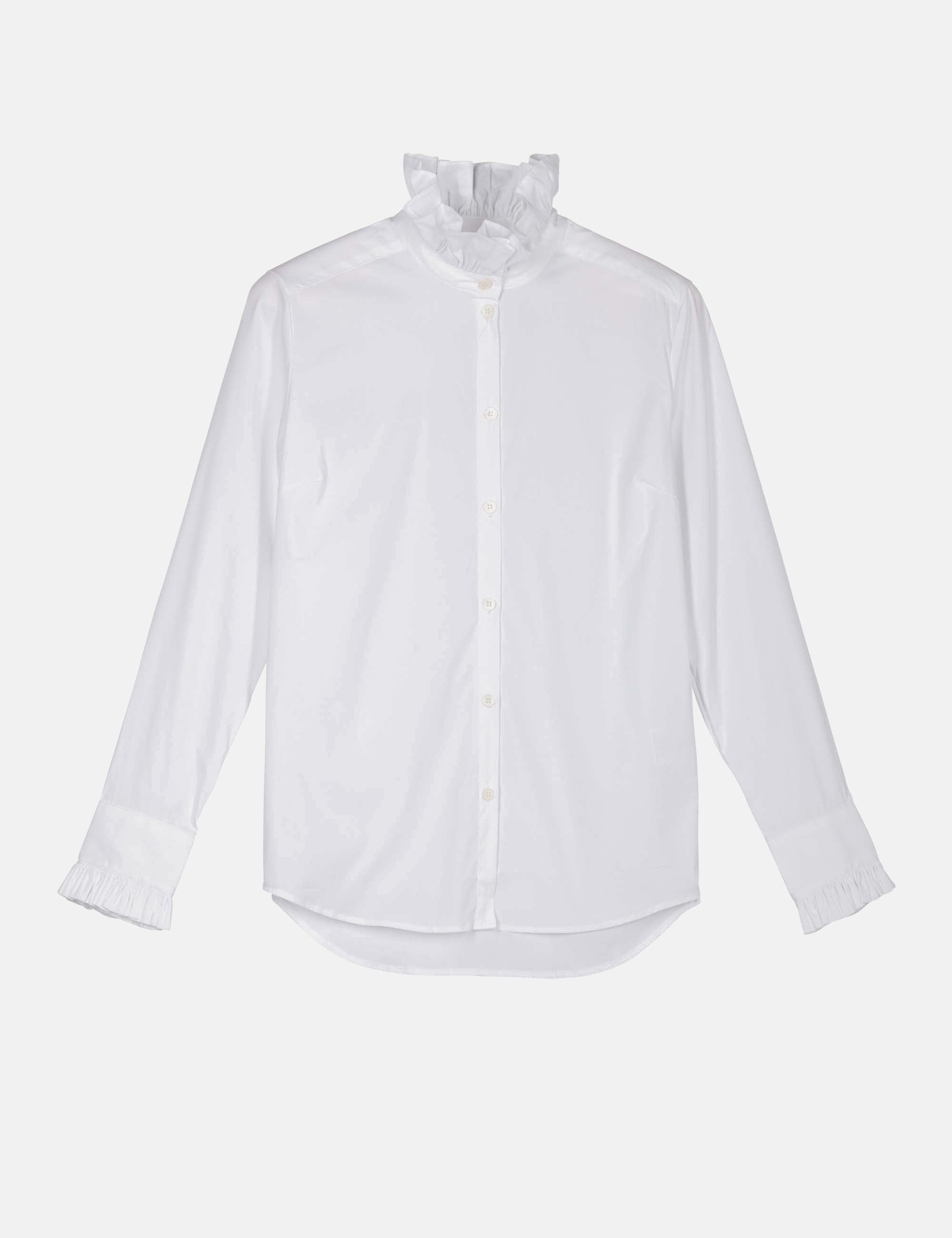 A white long-sleeved women's shirt with a frilled collar and delicate cuffs