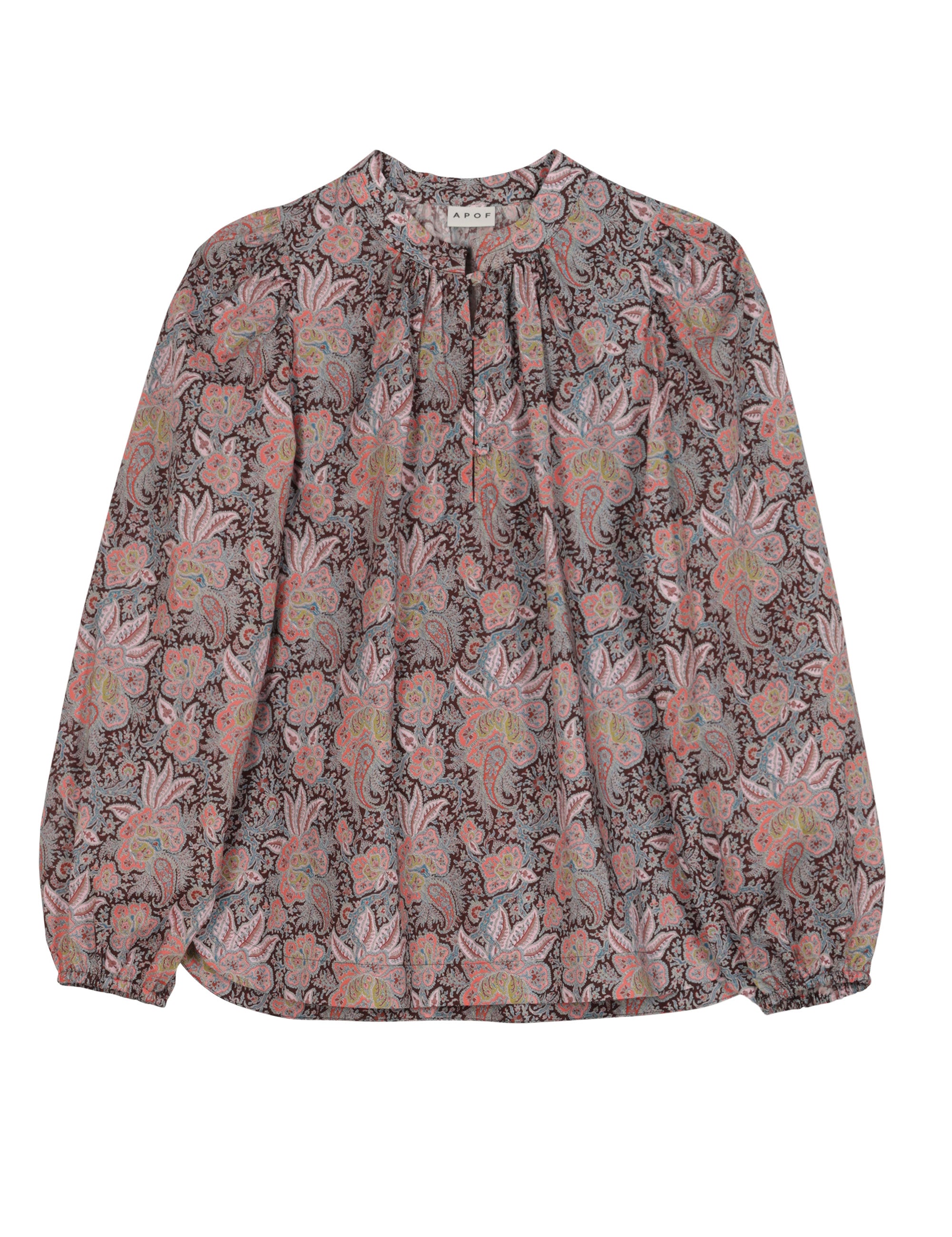 Long-sleeved cotton shirt in Liberty Kaleidoscopic paisley print with pink, green, and blue tones, round neck, gathered details, and elasticated cuffs