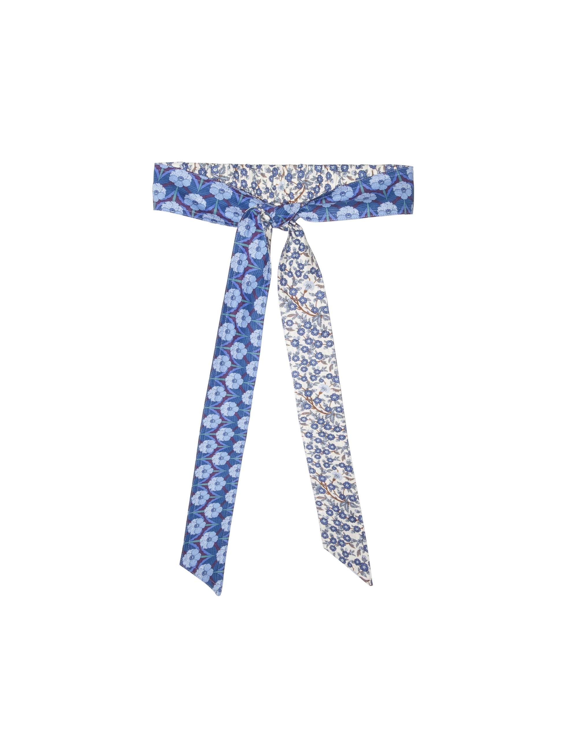 Blue and white floral print belt tied with a knot