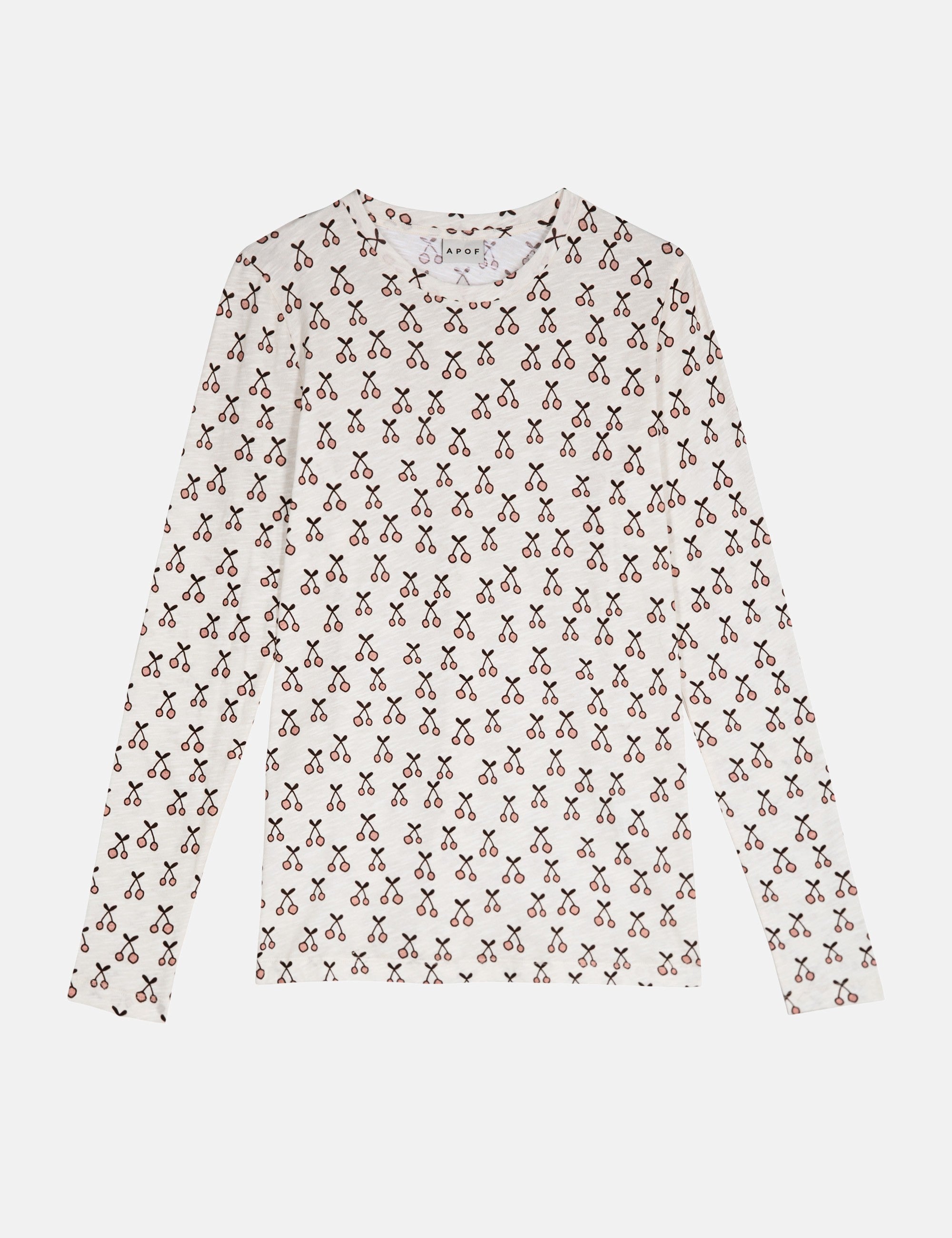 Women's long sleeve white t-shirt with cherry pattern