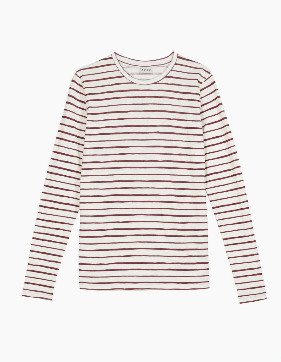 Beige langærmet dame t-shirt med bordeaux horisontale striber