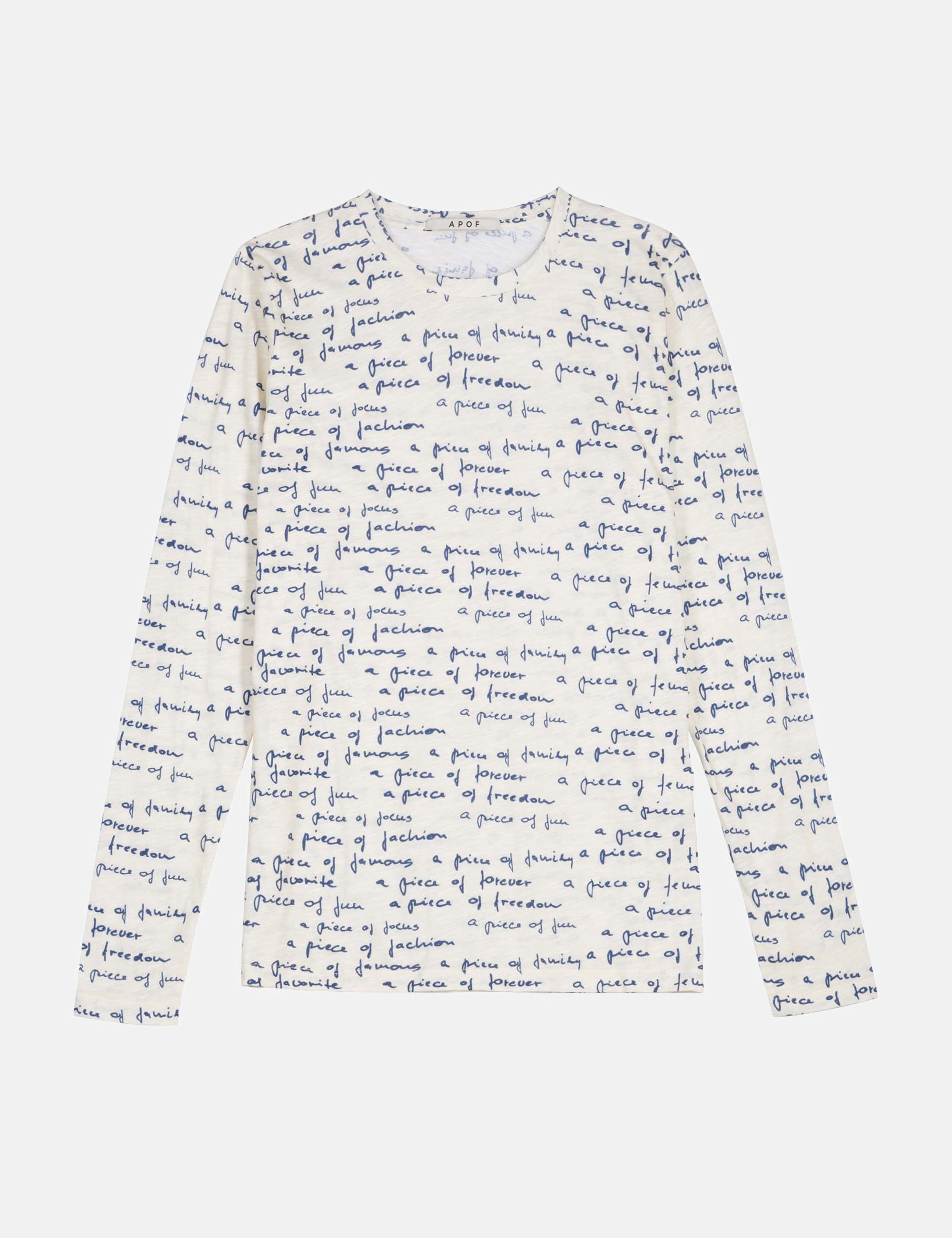 Long-sleeve shirt with printed text on a white background