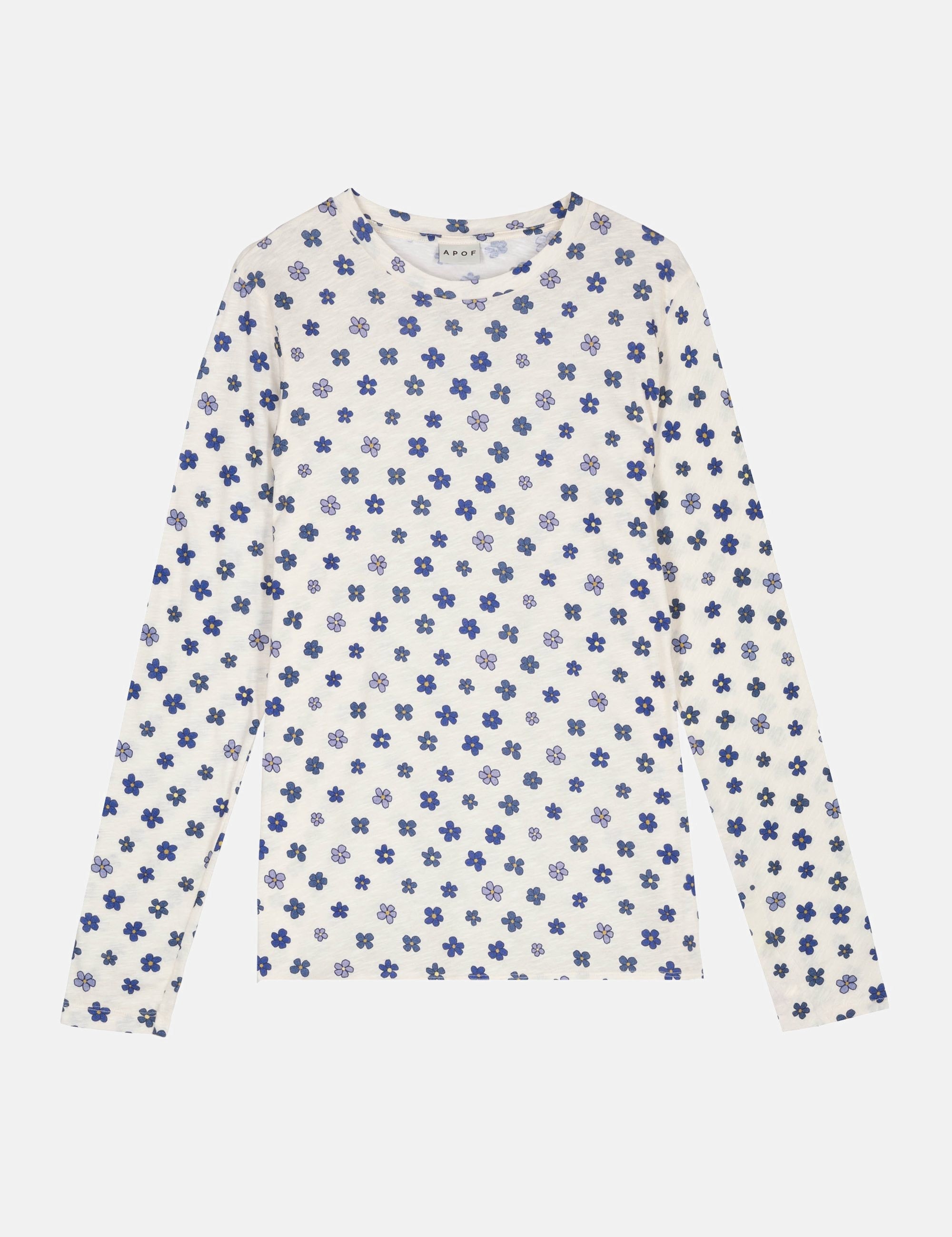 White long-sleeve shirt with blue floral pattern on a white background