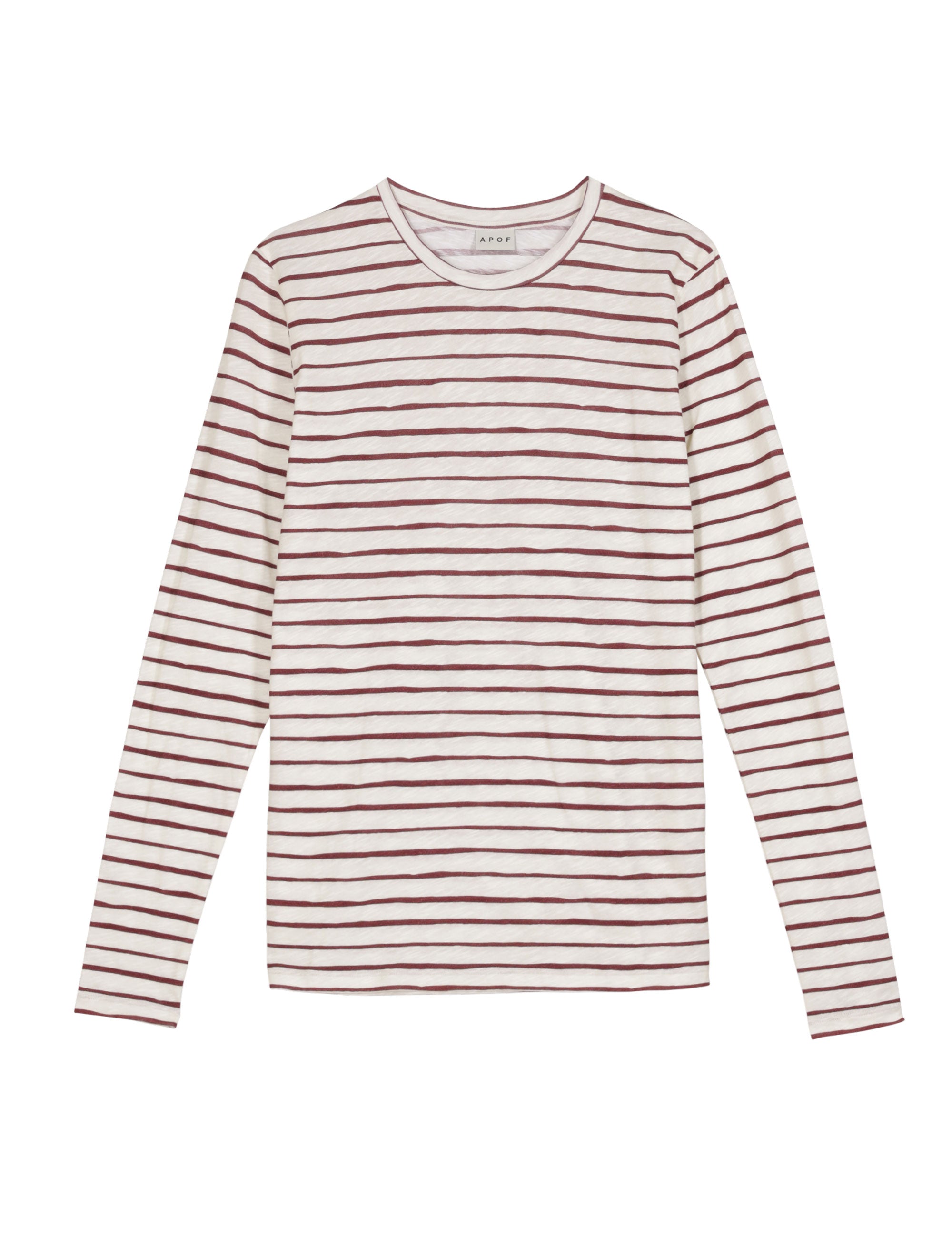 Flat lay of beige long-sleeve top with burgundy horizontal stripes