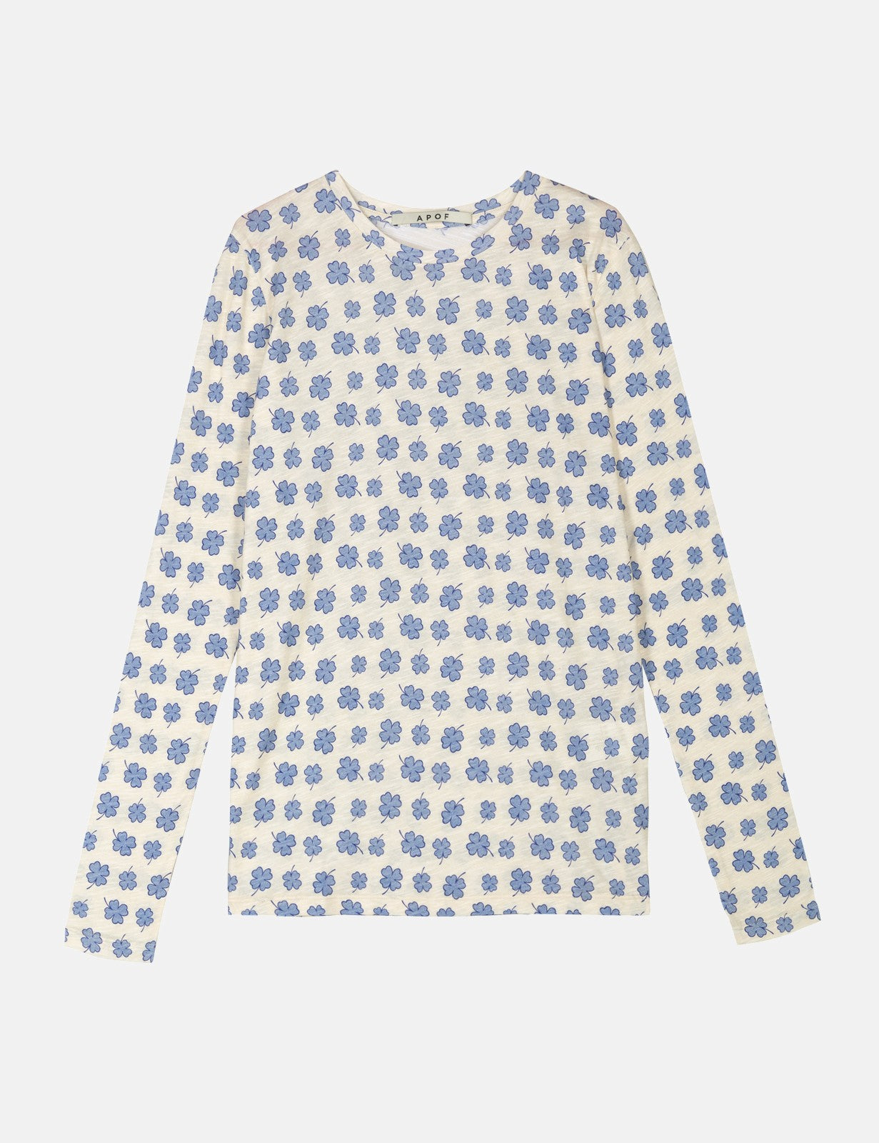 Women's long sleeve white t-shirt with blue four-leaved clovers pattern