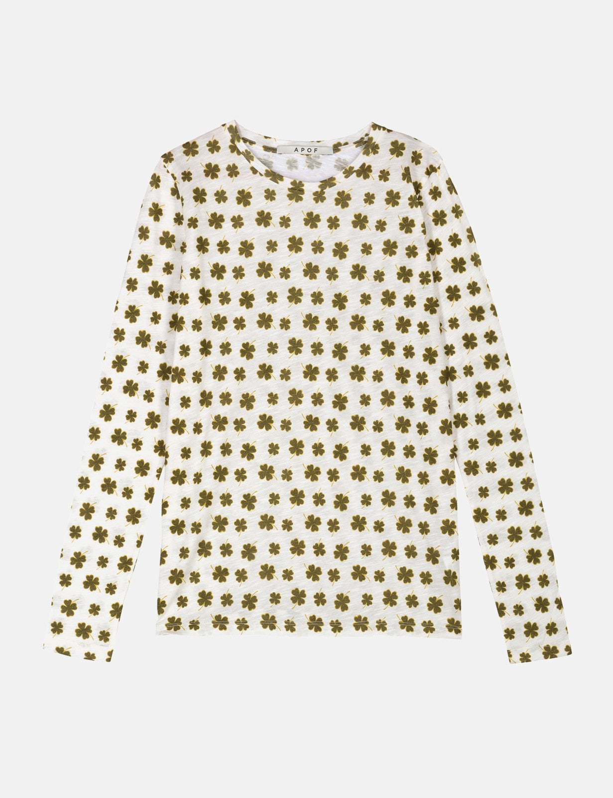 Women's long sleeve white t-shirt with green four-leaved clovers pattern