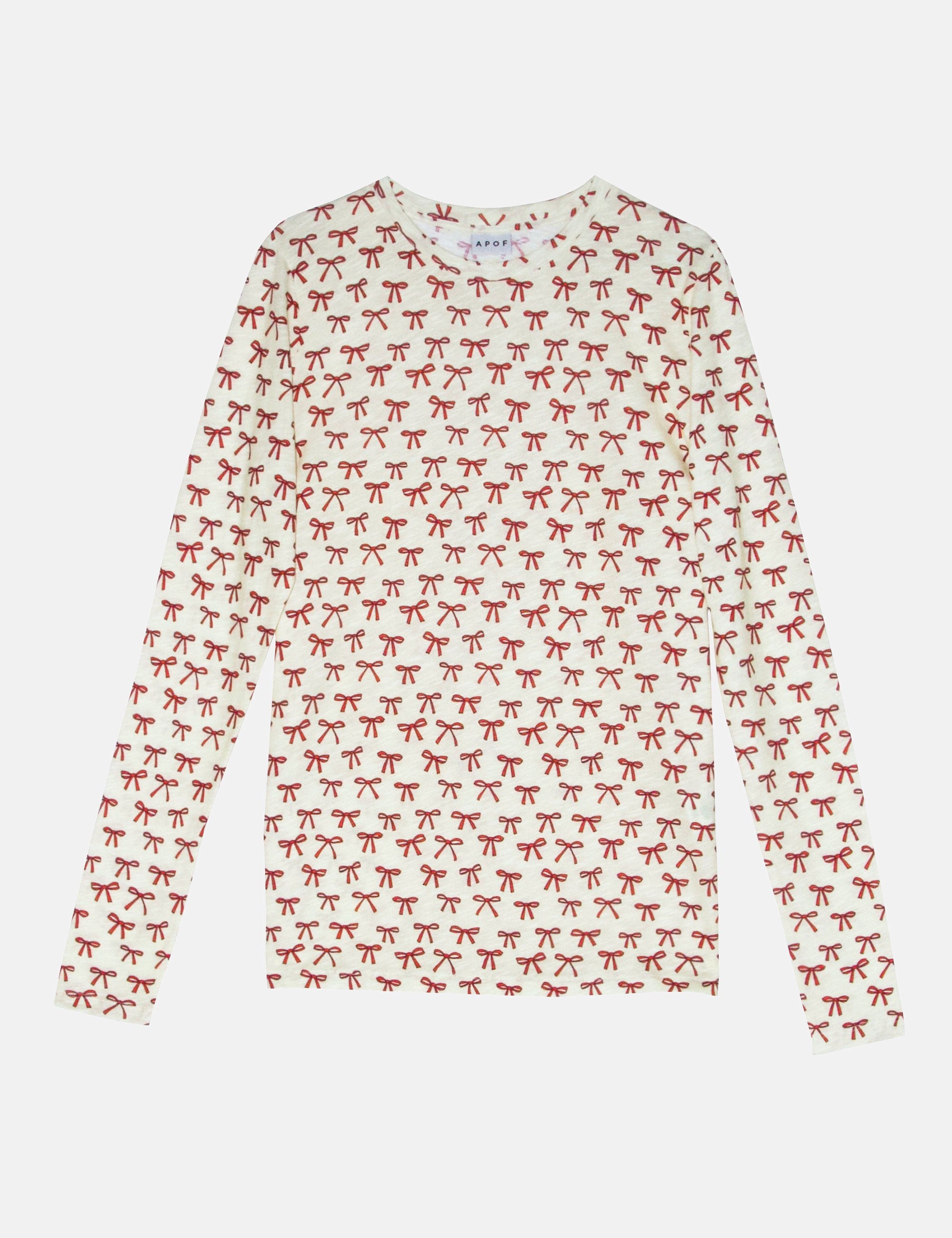 Long-sleeve women's t-shirt with red bow pattern