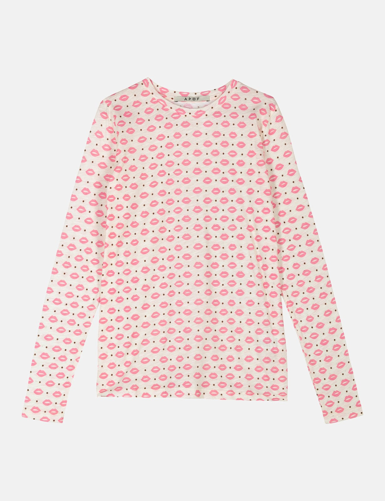 Women's long sleeve white t-shirt with pink lips pattern